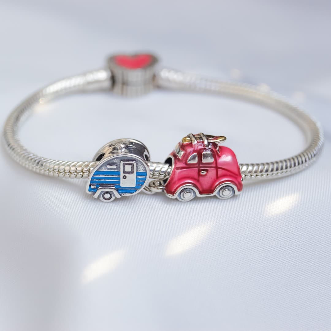 Podwójny Charms Wakacyjny samochód i przyczepa kempingowa Srebro 925