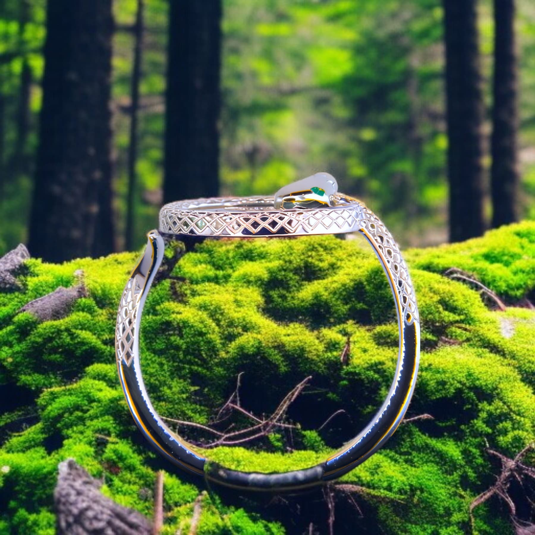 Srebrny pierścionek Wąż z naturalnym agatem mchowym - regulowany, ręcznie wykonany