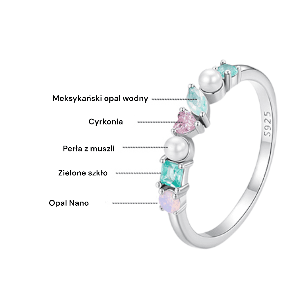 Pierścionek z kolorowymi kamieniami perłą opalem białe złoto srebro