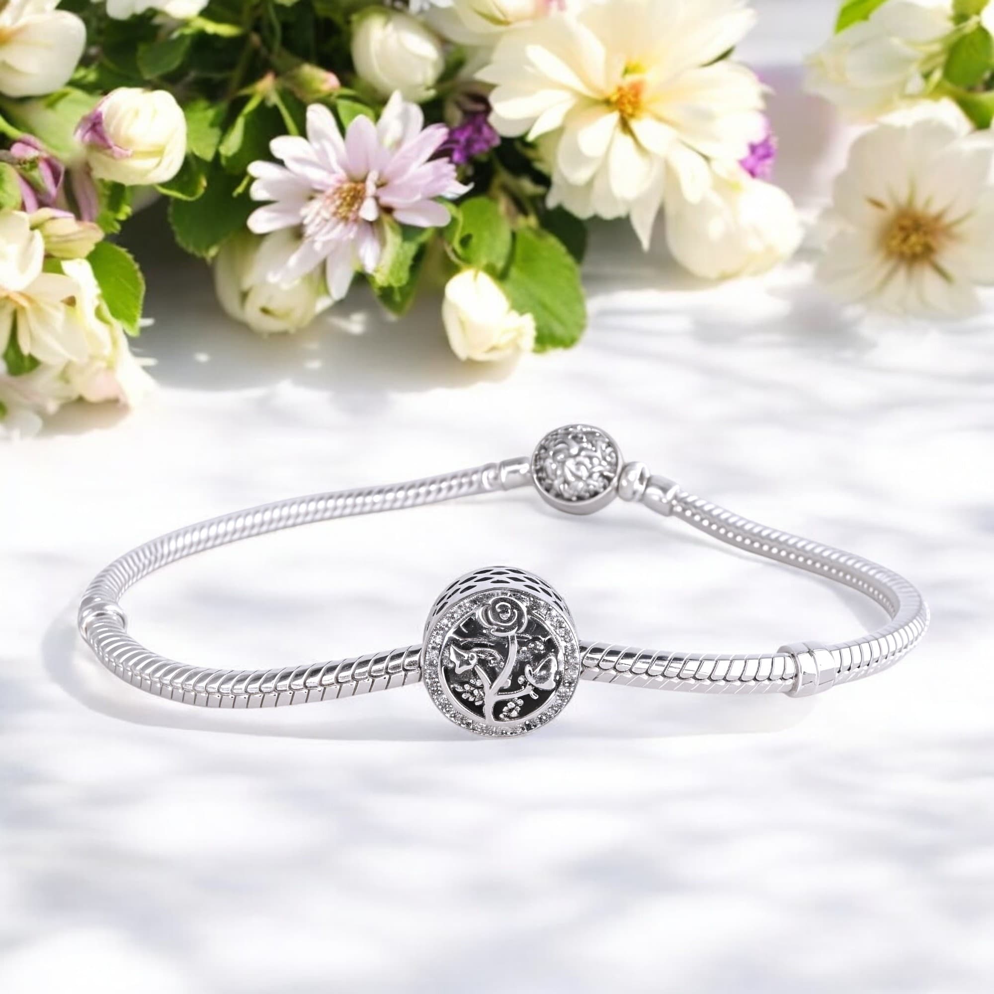 Srebrny charms 925 róża z cyrkoniami zawieszka do bransoletki modułowej