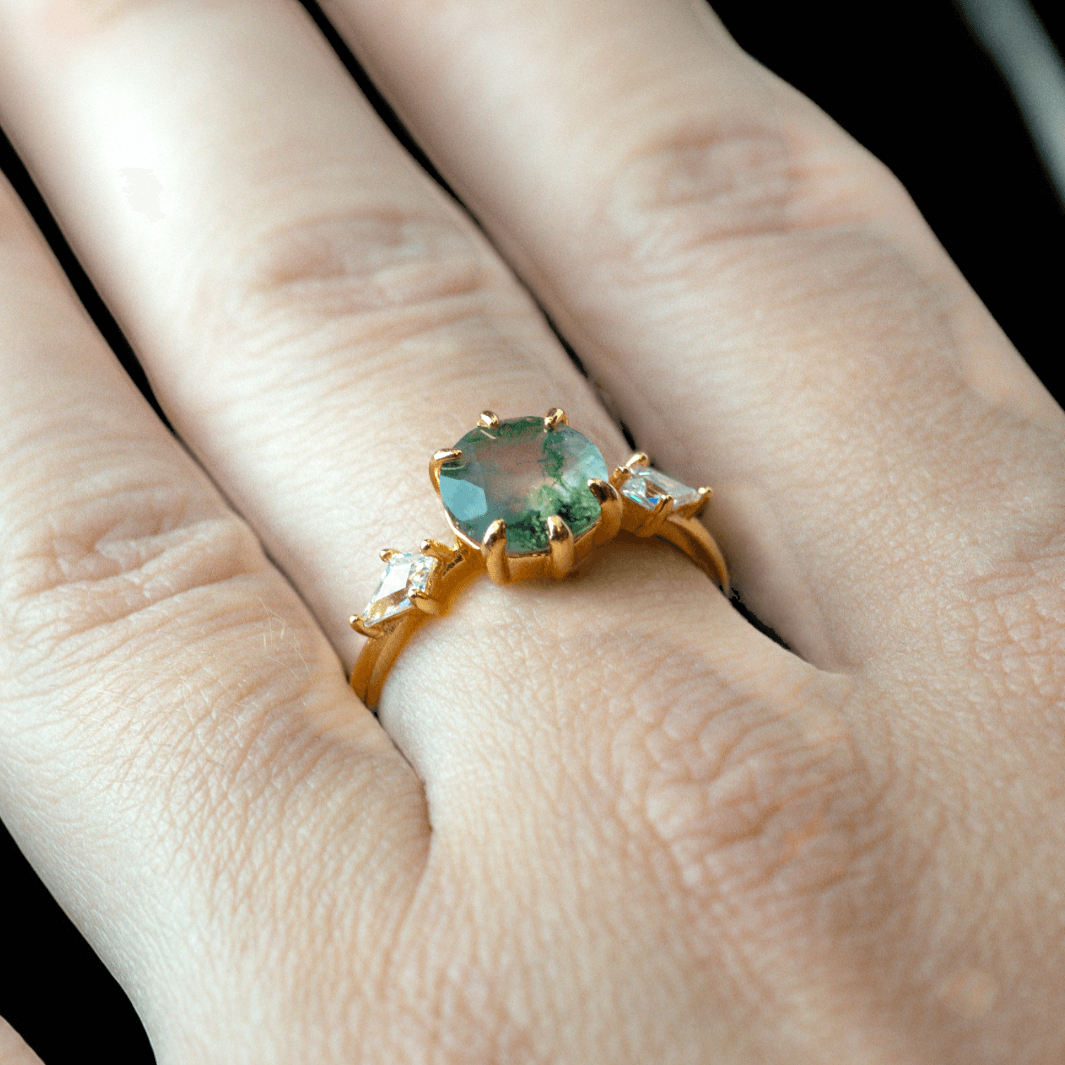 Pierścionek złoty AGAT MCHOWY srebro 925 zielony regulowany natura