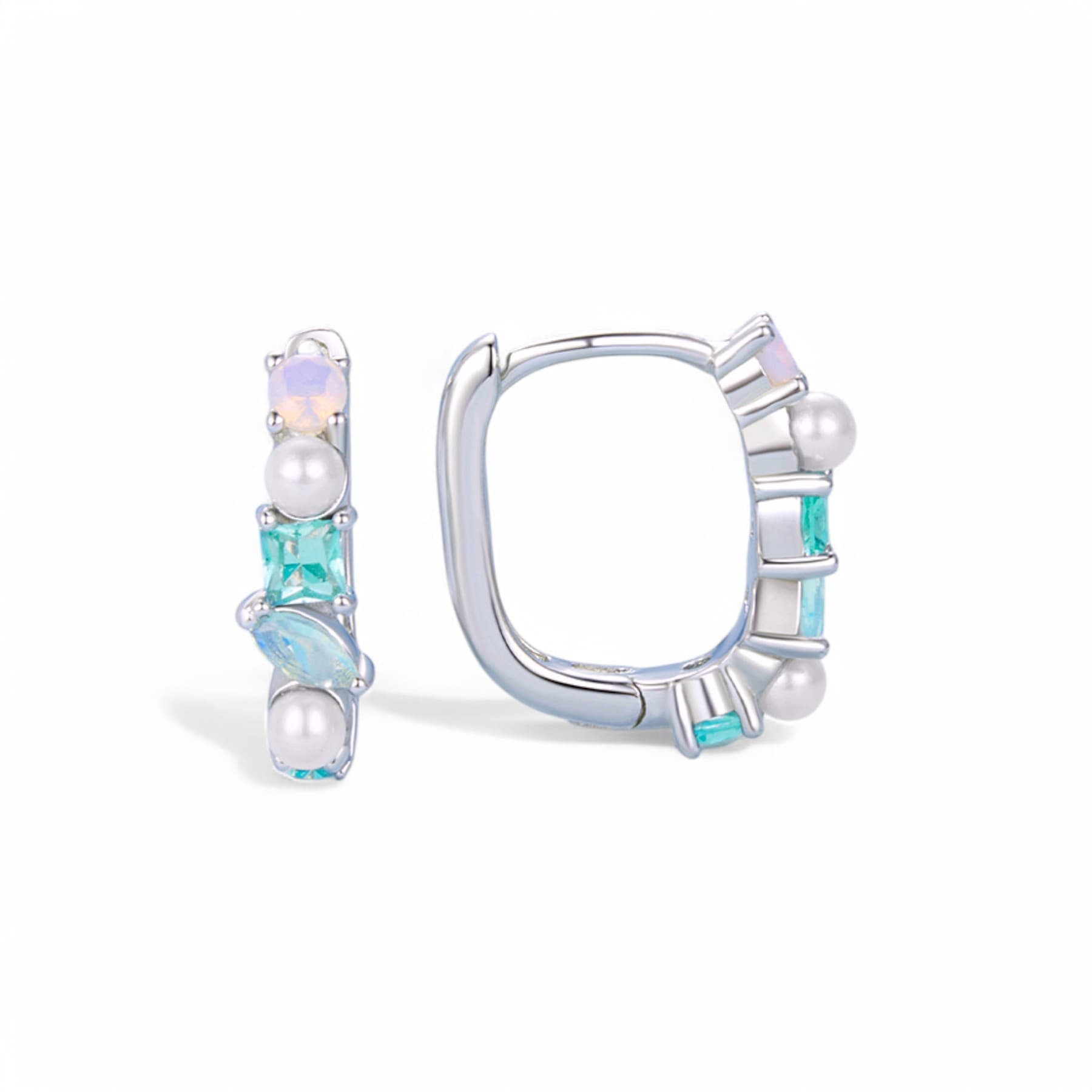 Delikatne Kolczyki Tęczowe kwadrat koła srebro 925 perła opal