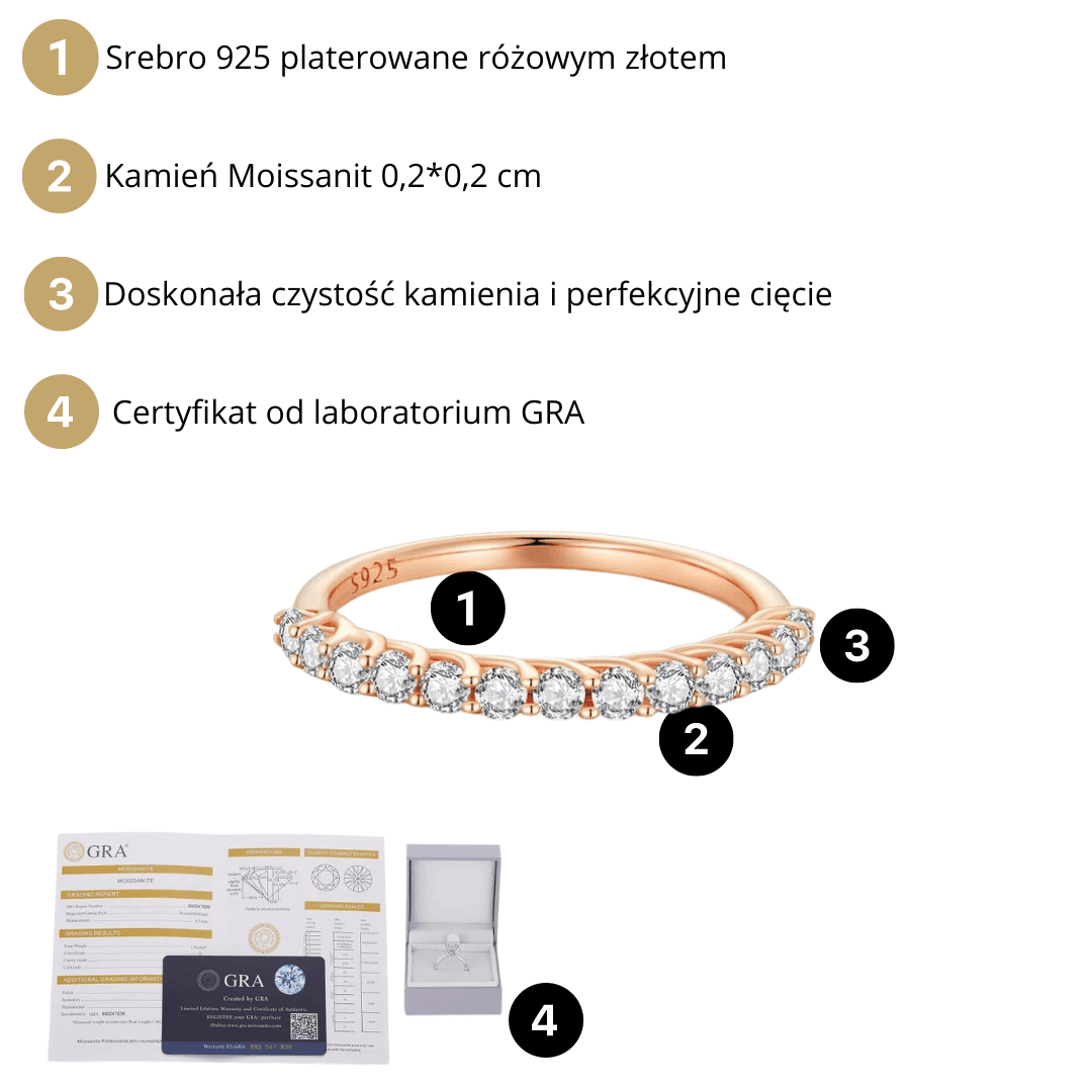 Pierścionek różowe złoto Moissanit srebro 925