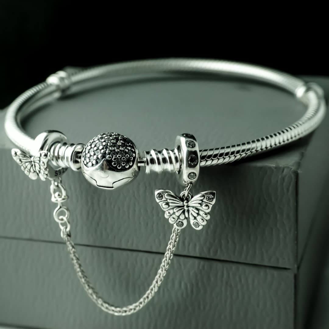 Łańcuszek zabezpieczający do bransoletki Pandora Motyle srebro 925 platyna