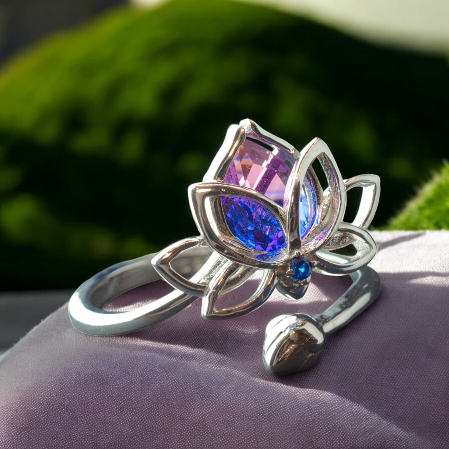 Pierścionek KWIAT LOTOSU srebro 925 platyna turmalin