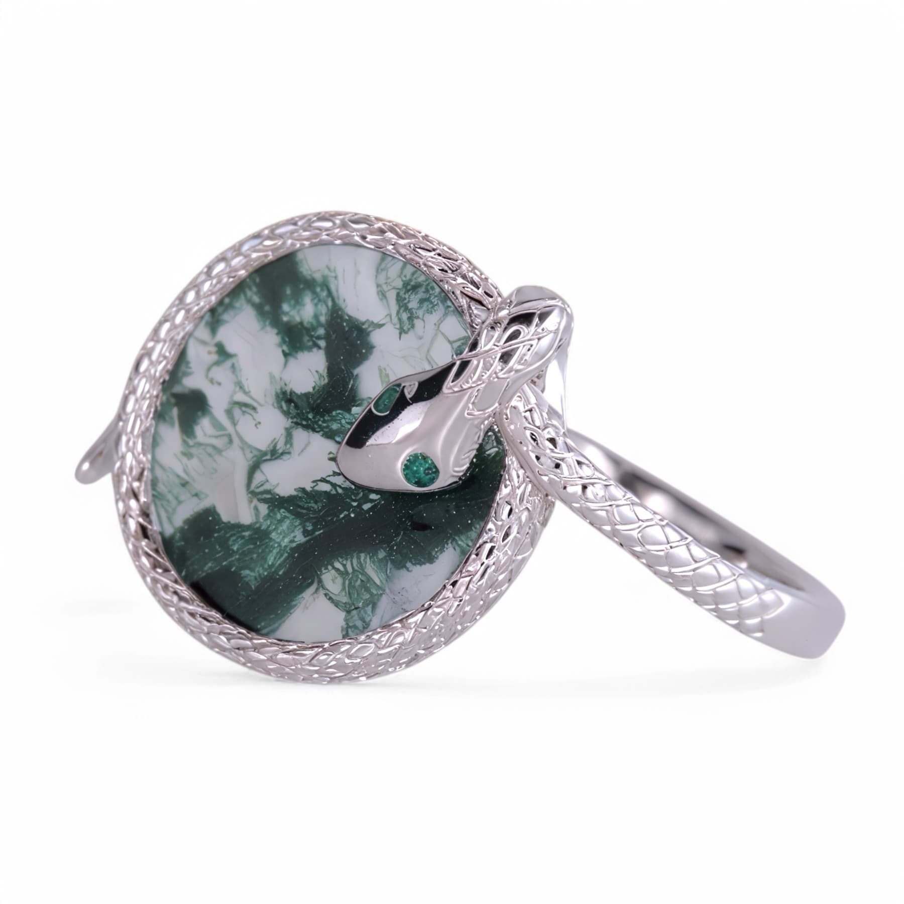 Srebrny pierścionek Wąż z naturalnym agatem mchowym - regulowany, ręcznie wykonany
