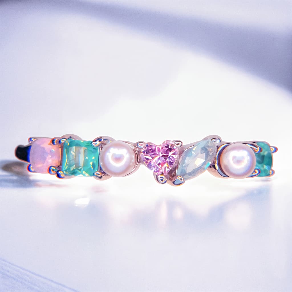 Pierścionek z kolorowymi kamieniami perłą opalem białe złoto srebro