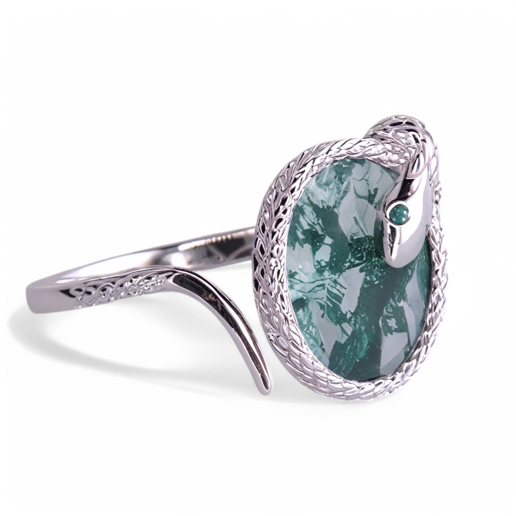 Srebrny pierścionek Wąż z naturalnym agatem mchowym - regulowany, ręcznie wykonany