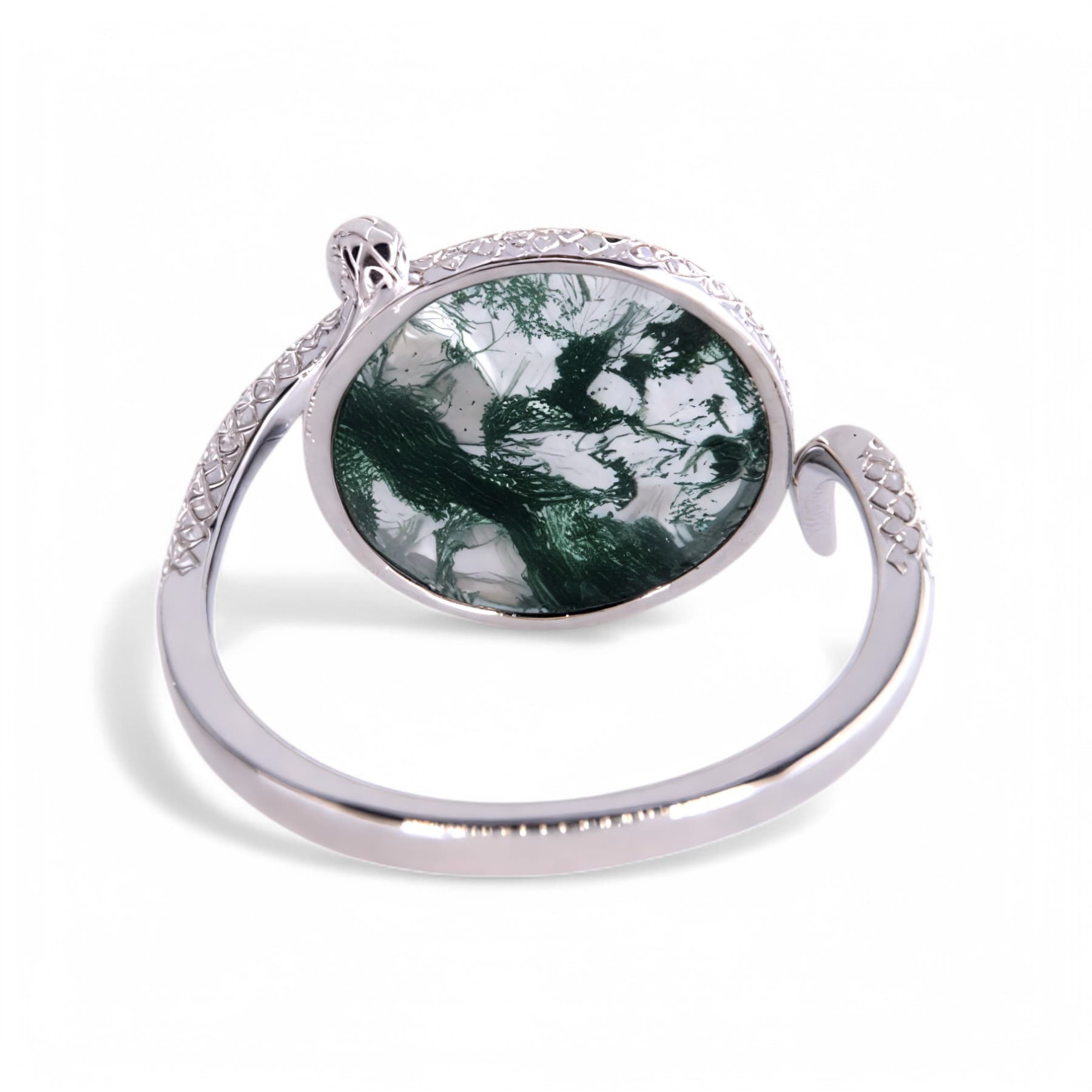 Srebrny pierścionek Wąż z naturalnym agatem mchowym - regulowany, ręcznie wykonany