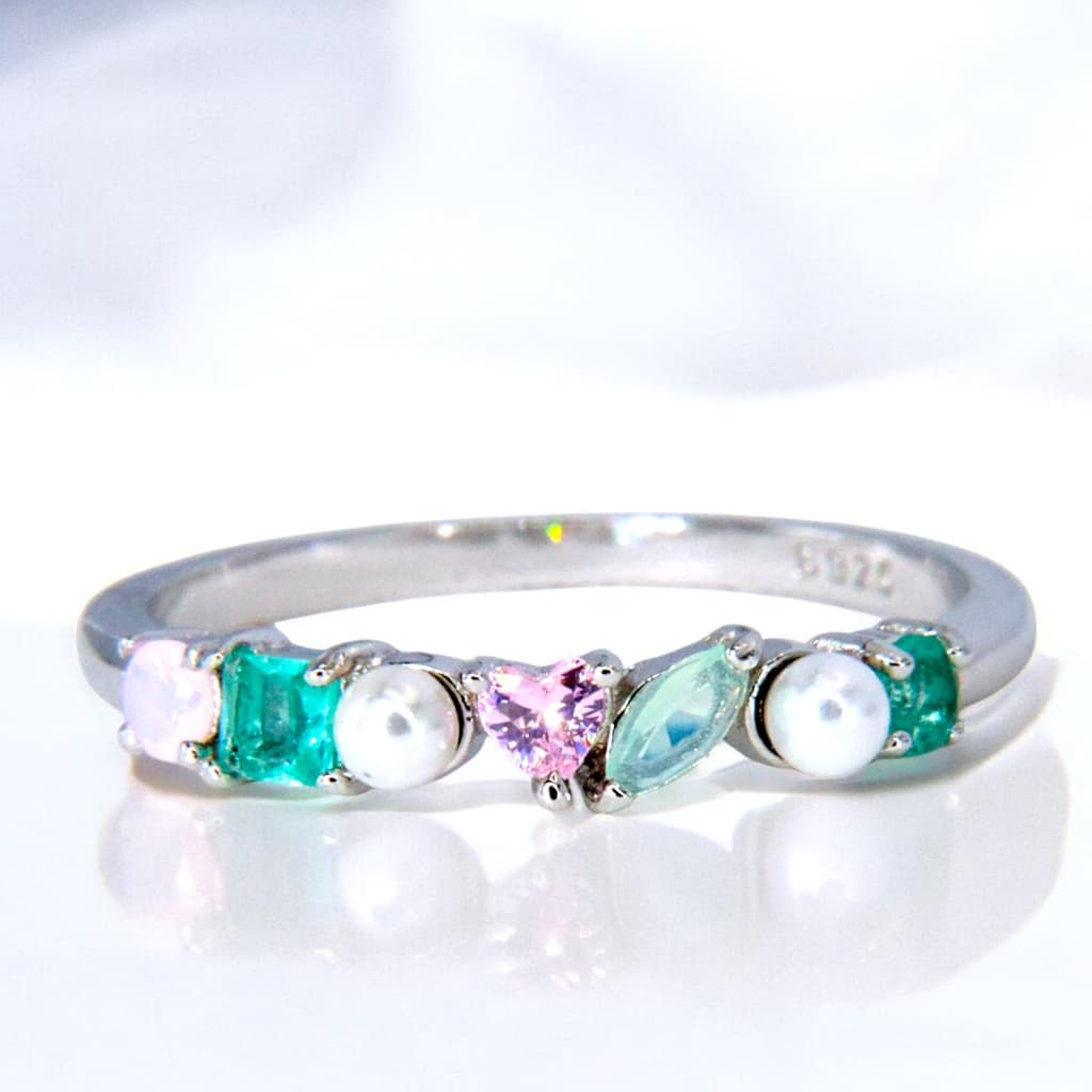 Pierścionek z kolorowymi kamieniami perłą opalem białe złoto srebro