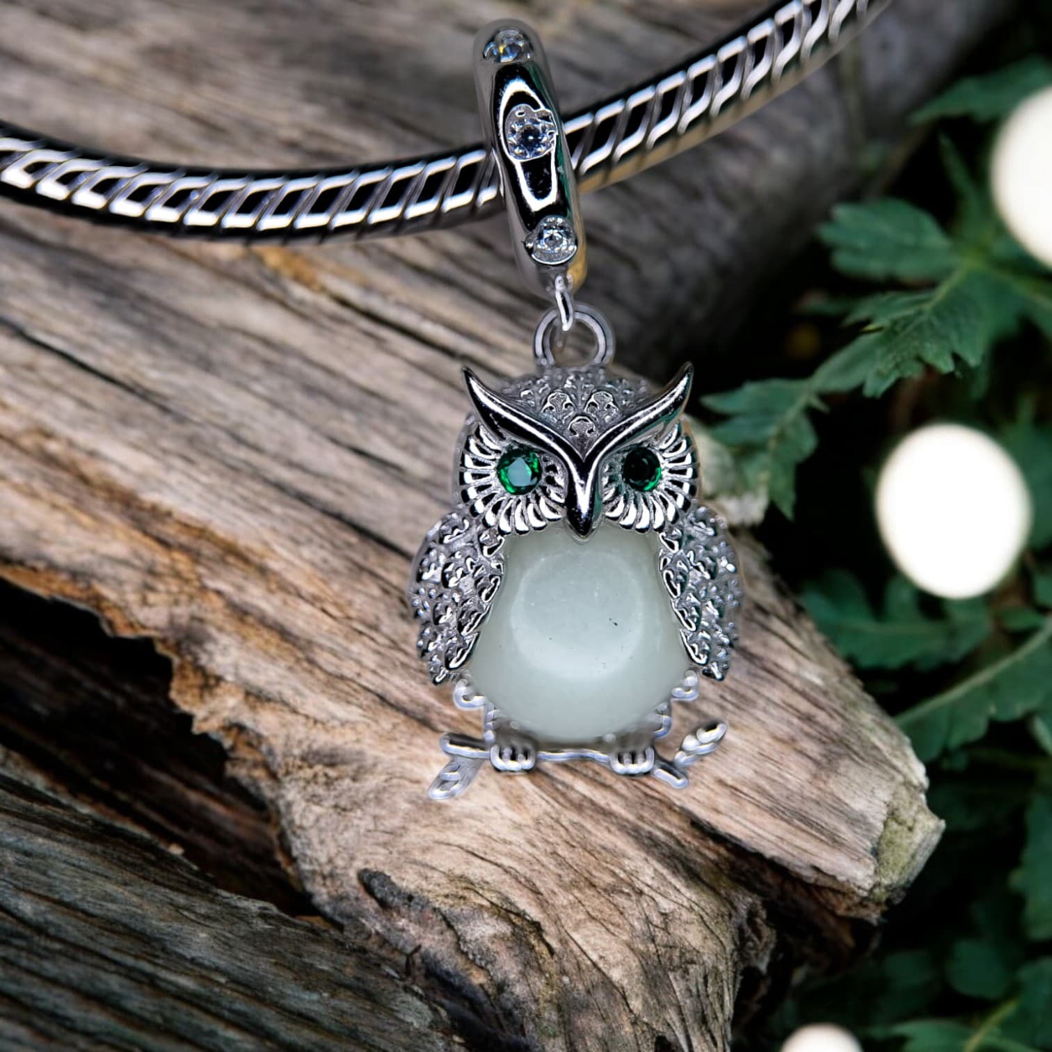 Charms zawieszka Świecąca Sowa srebro 925 luminescencyjna platyna