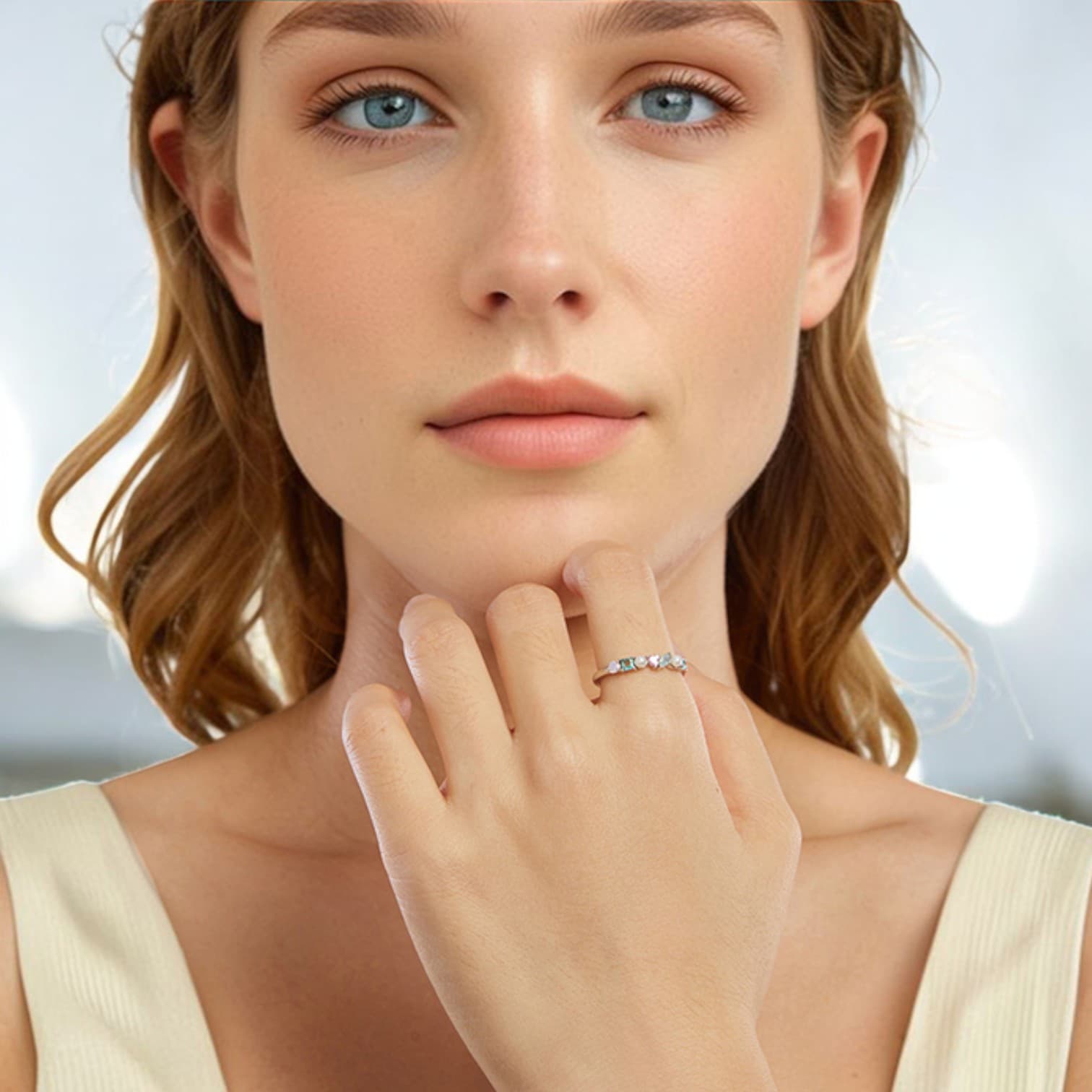 Pierścionek z kolorowymi kamieniami perłą opalem białe złoto srebro