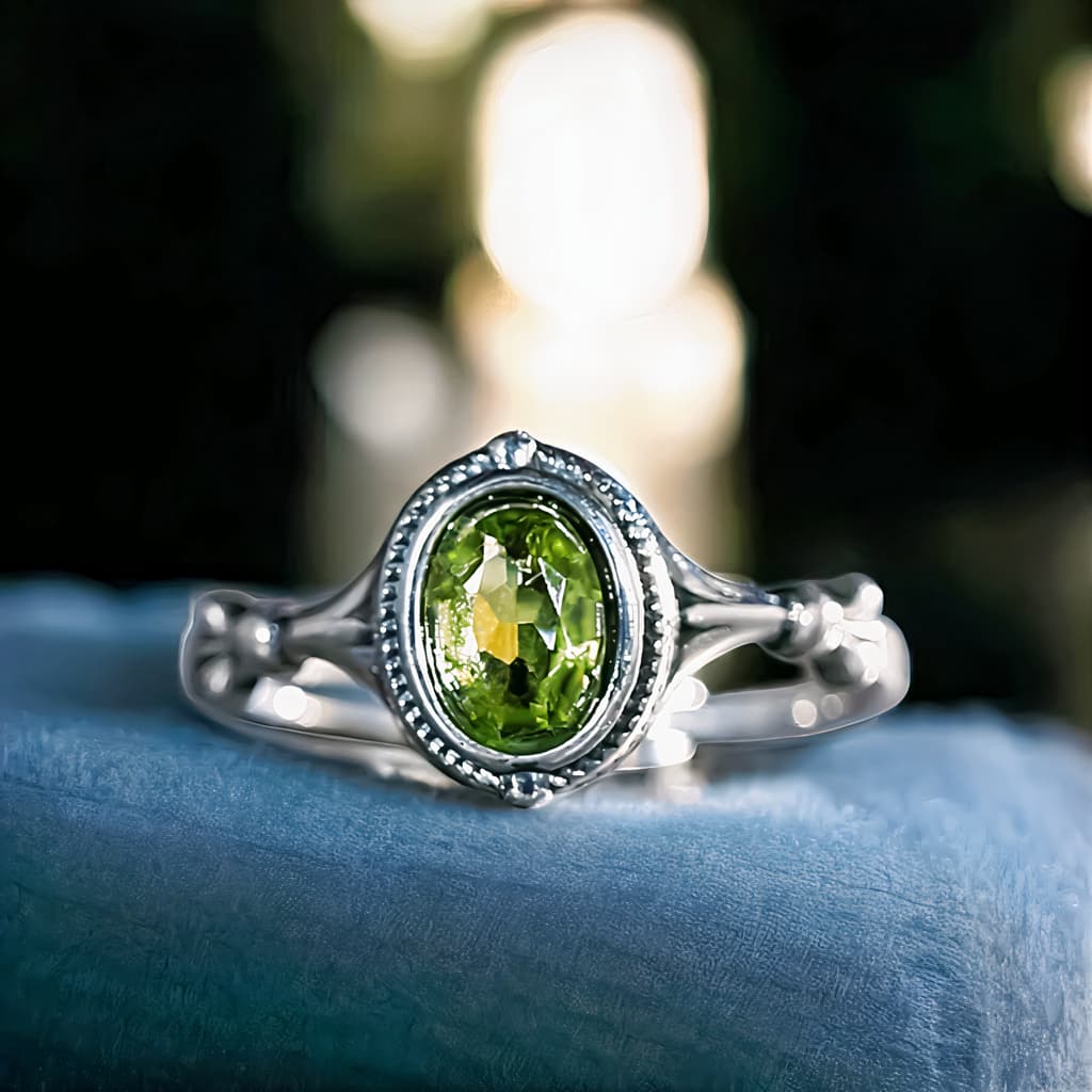 Srebrny PIERŚCIONEK Z OLIWINEM perydot regulowany oliwin srebro 925 vintage