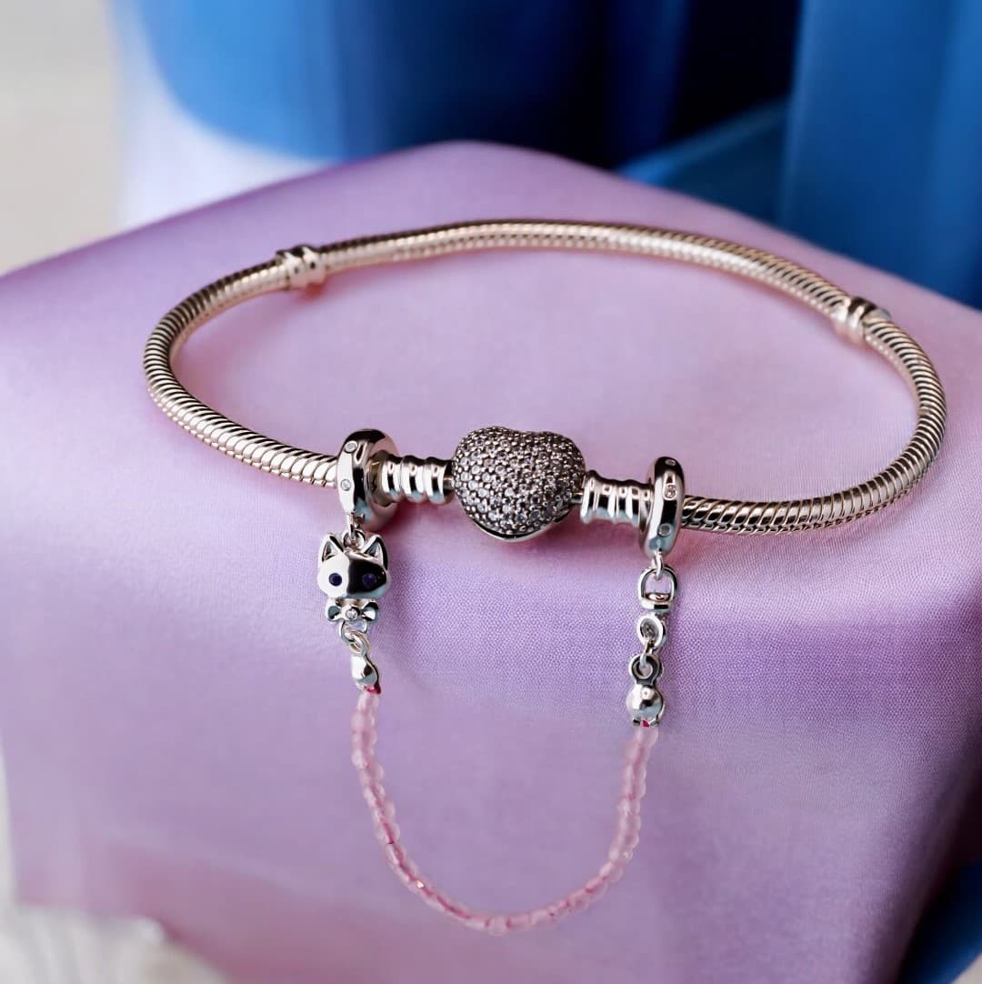 Łańcuszek zabezpieczający do bransoletki Pandora Kotek z muszką srebro 925 złoto