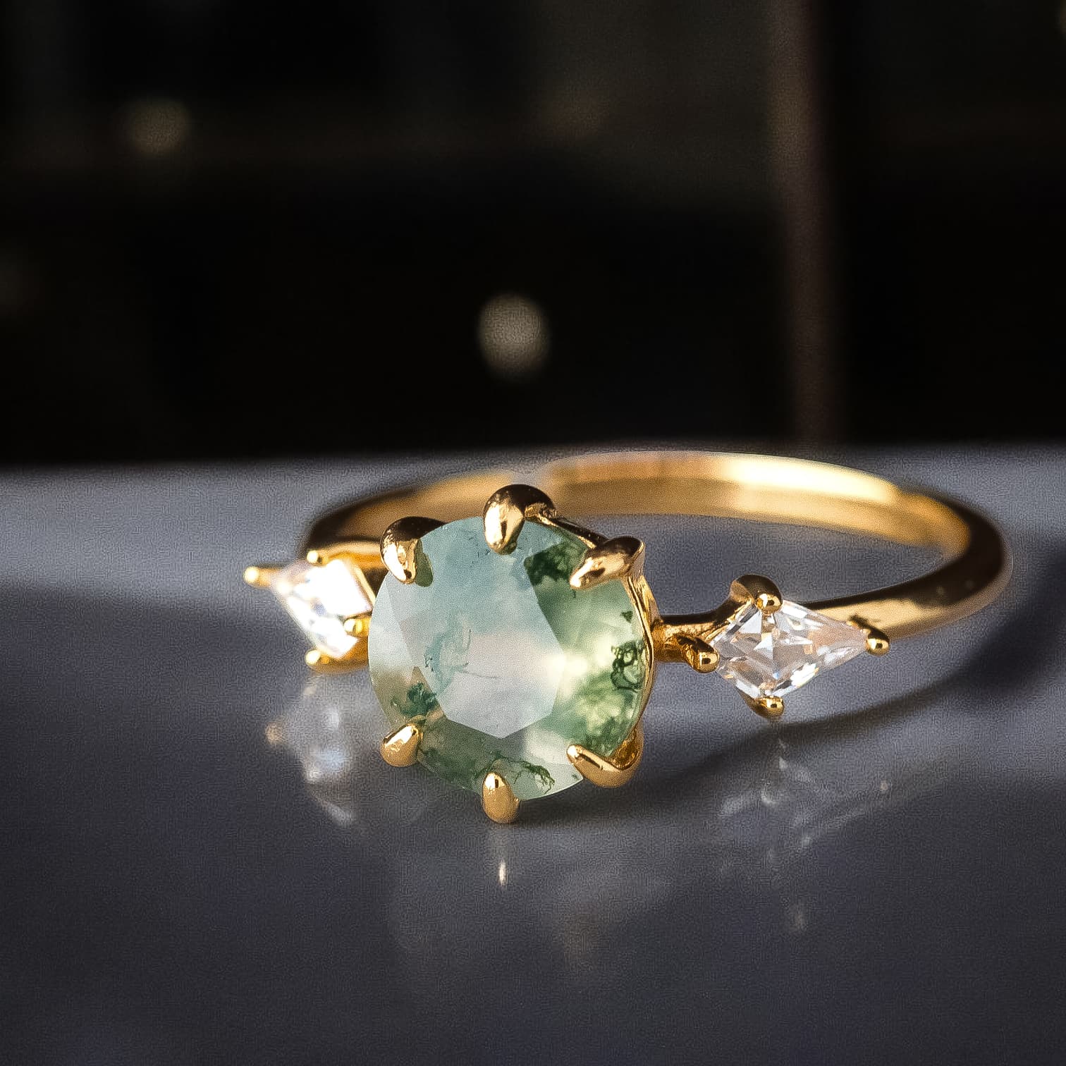 Pierścionek złoty AGAT MCHOWY srebro 925 zielony regulowany natura