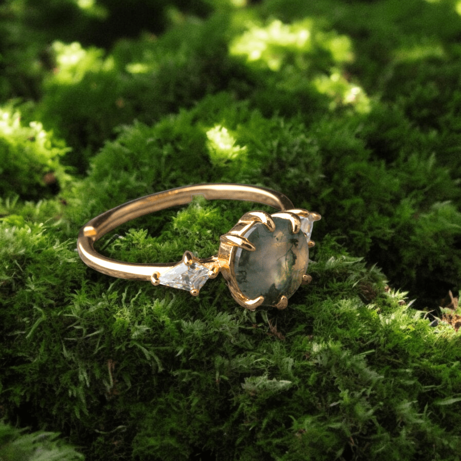 Pierścionek złoty AGAT MCHOWY srebro 925 zielony regulowany natura