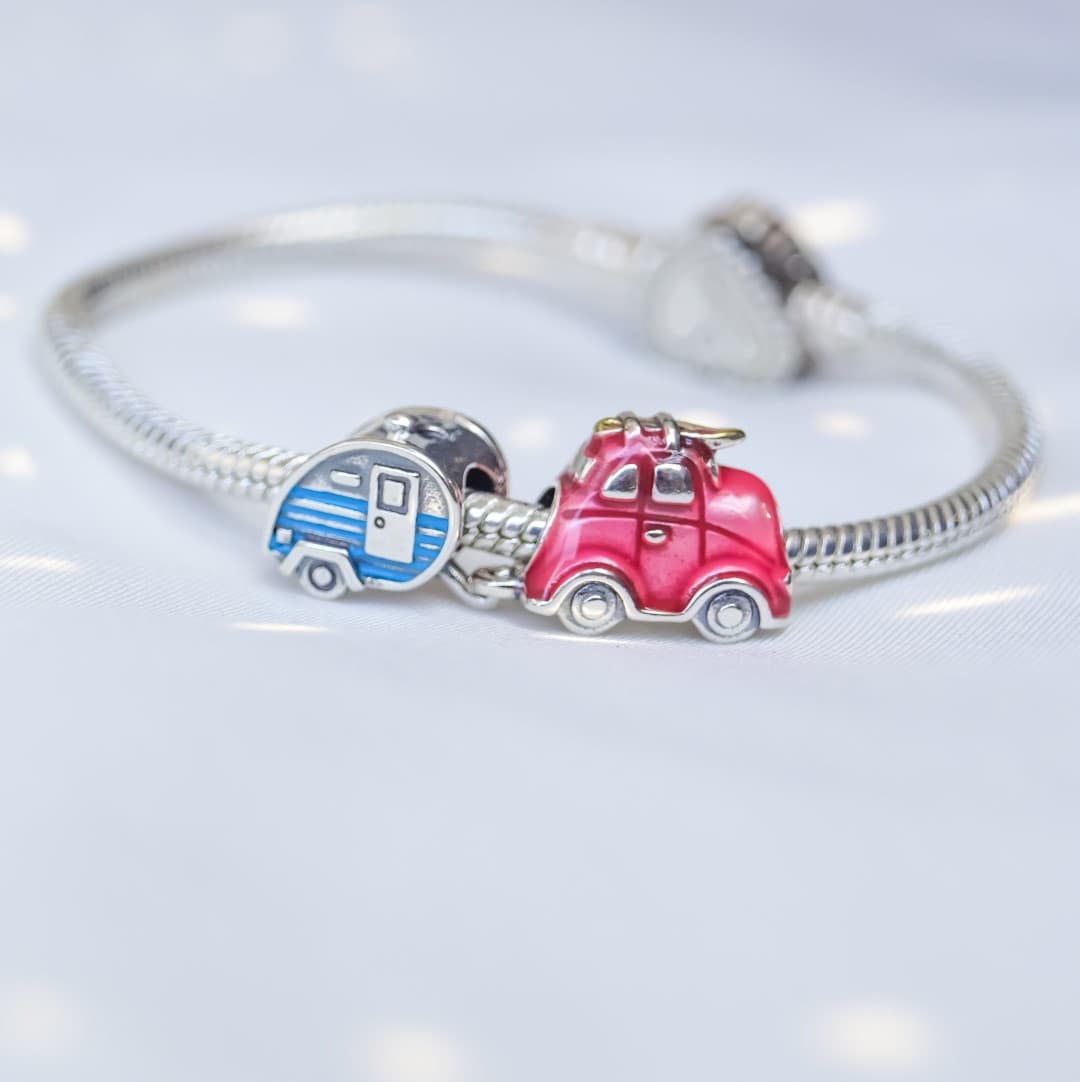 Podwójny Charms Wakacyjny samochód i przyczepa kempingowa Srebro 925