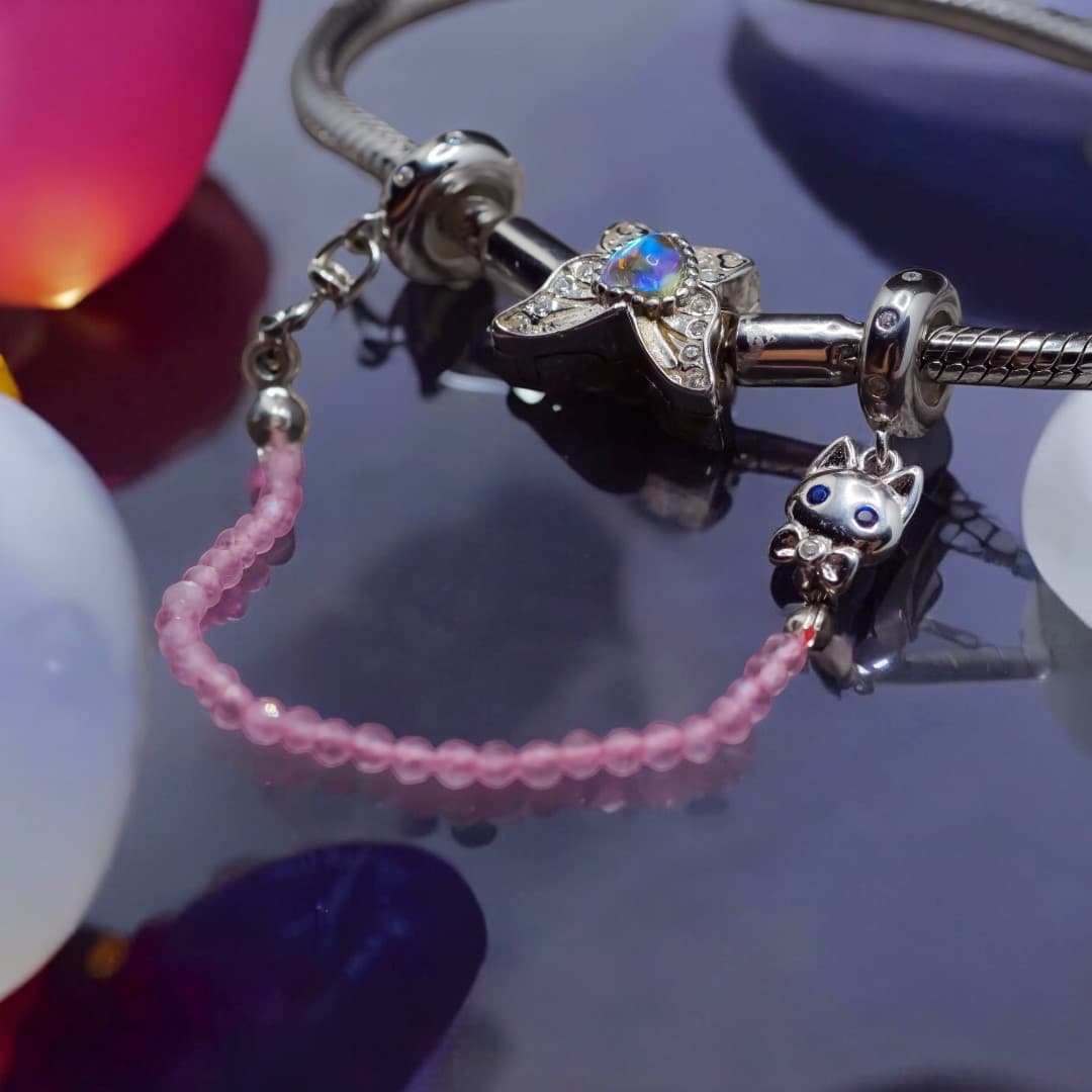 Łańcuszek zabezpieczający do bransoletki Pandora Kotek z muszką srebro 925 złoto