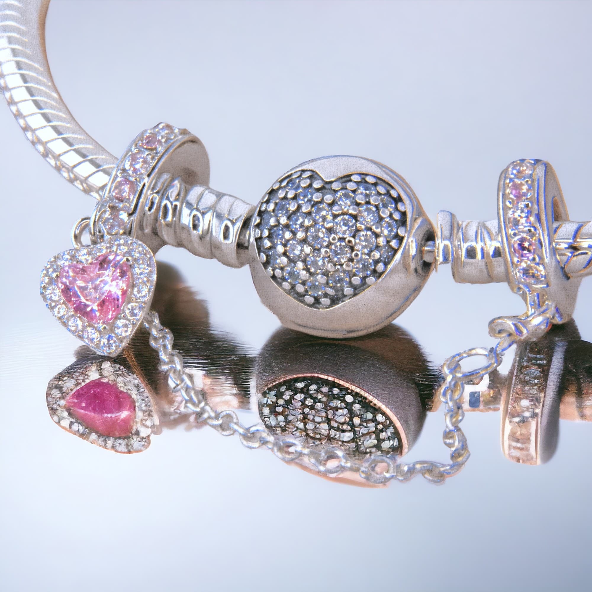 Łańcuszek zabezpieczający do bransoletki Pandora SERCE srebro 925 platyna