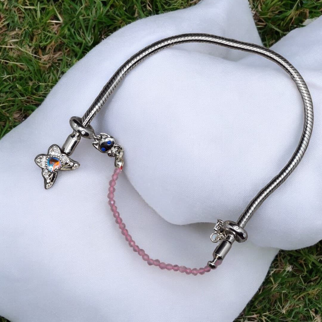 Łańcuszek zabezpieczający do bransoletki Pandora Kotek z muszką srebro 925 złoto