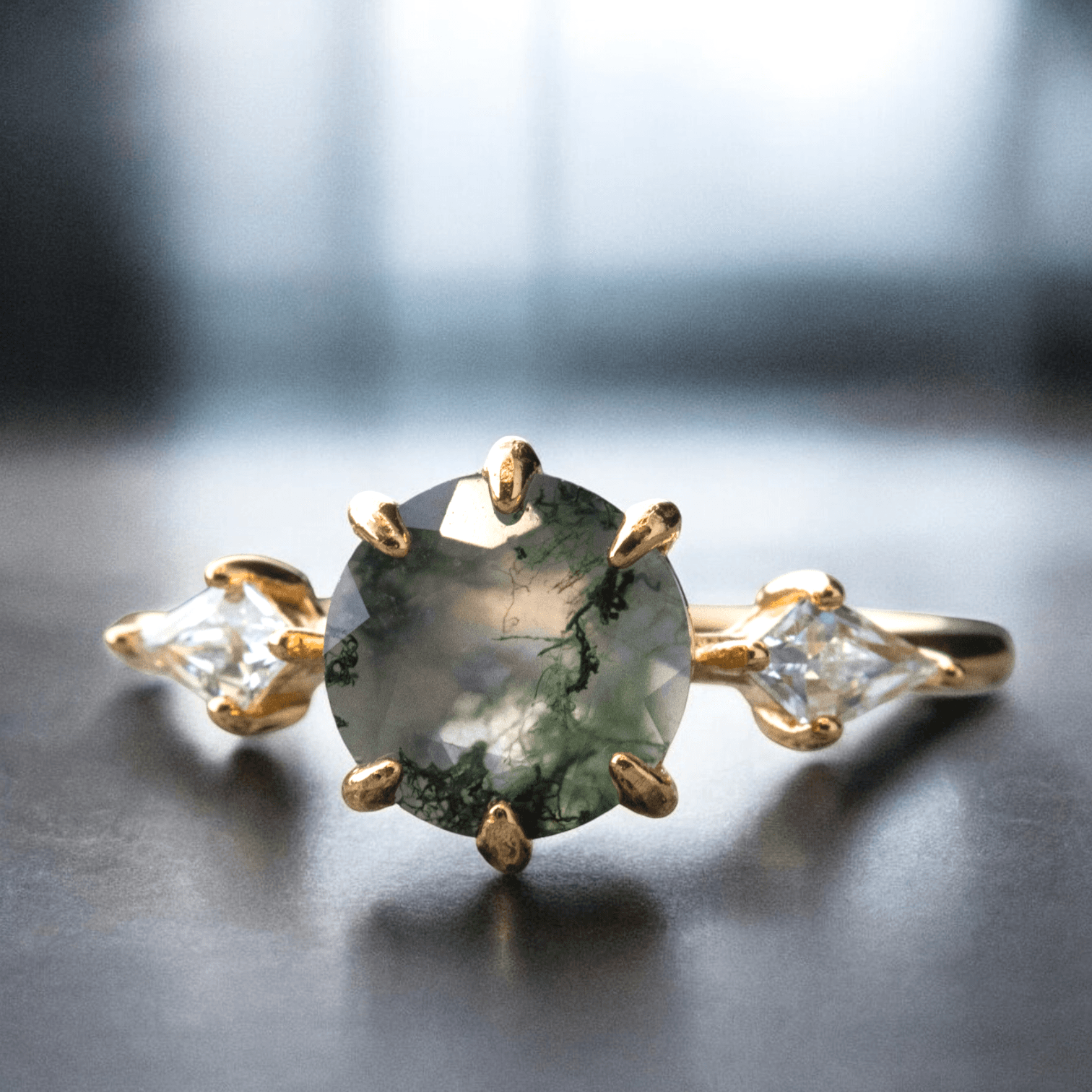 Pierścionek złoty AGAT MCHOWY srebro 925 zielony regulowany natura