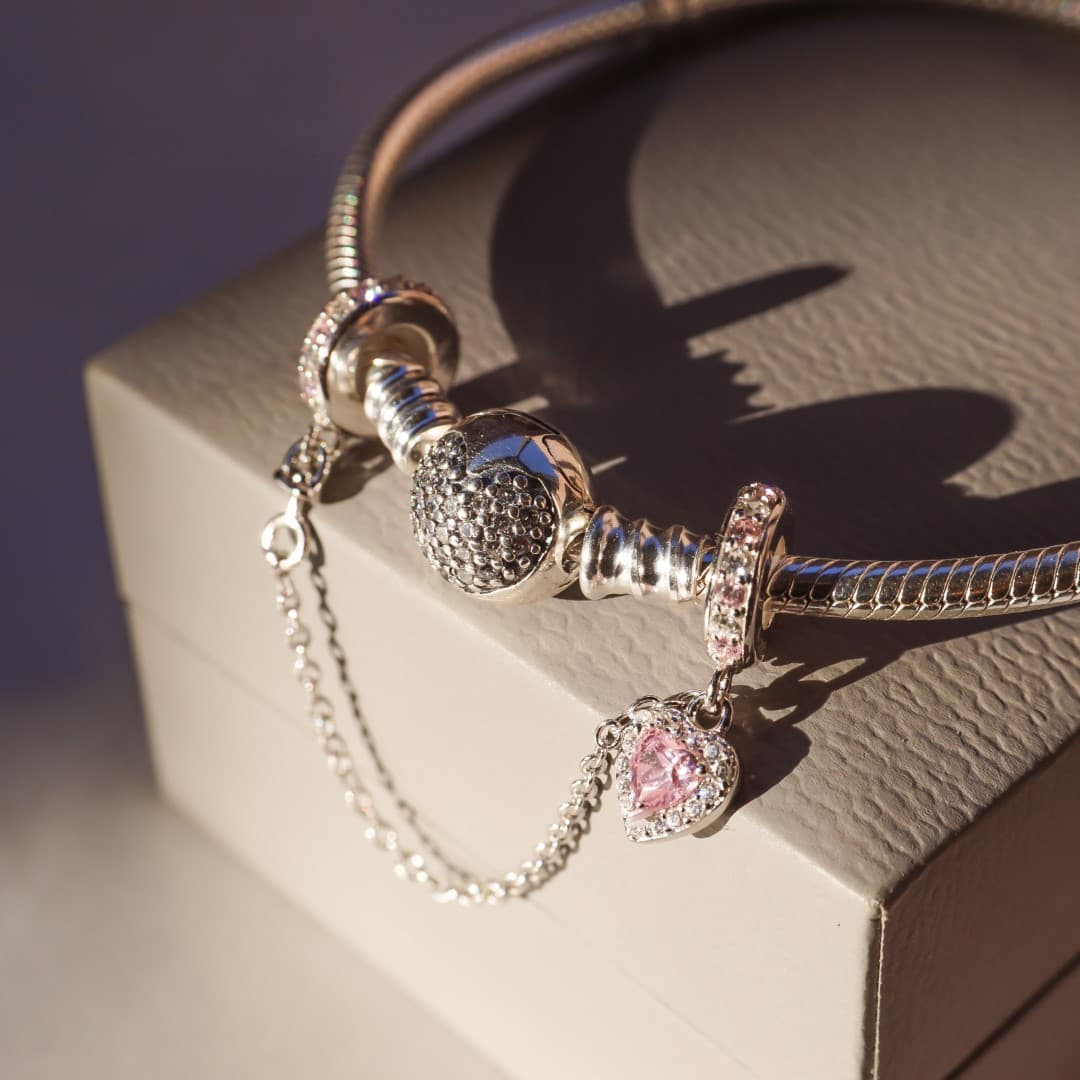 Łańcuszek zabezpieczający do bransoletki Pandora SERCE srebro 925 platyna