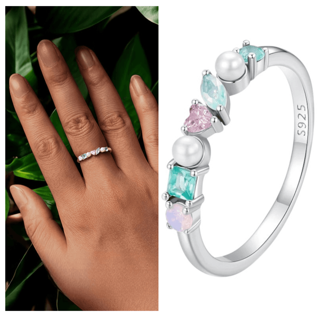 Pierścionek z kolorowymi kamieniami perłą opalem białe złoto srebro