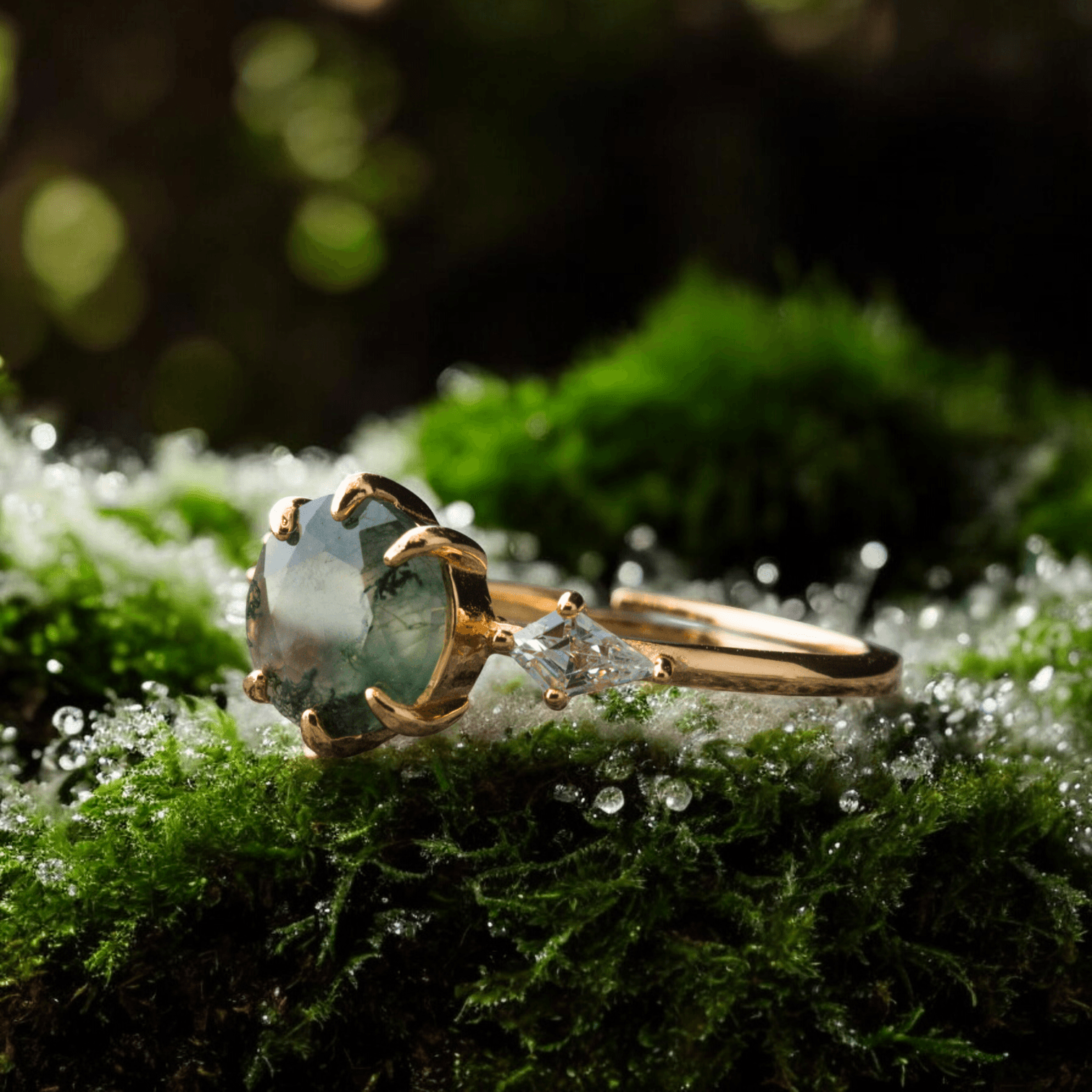 Pierścionek złoty AGAT MCHOWY srebro 925 zielony regulowany natura