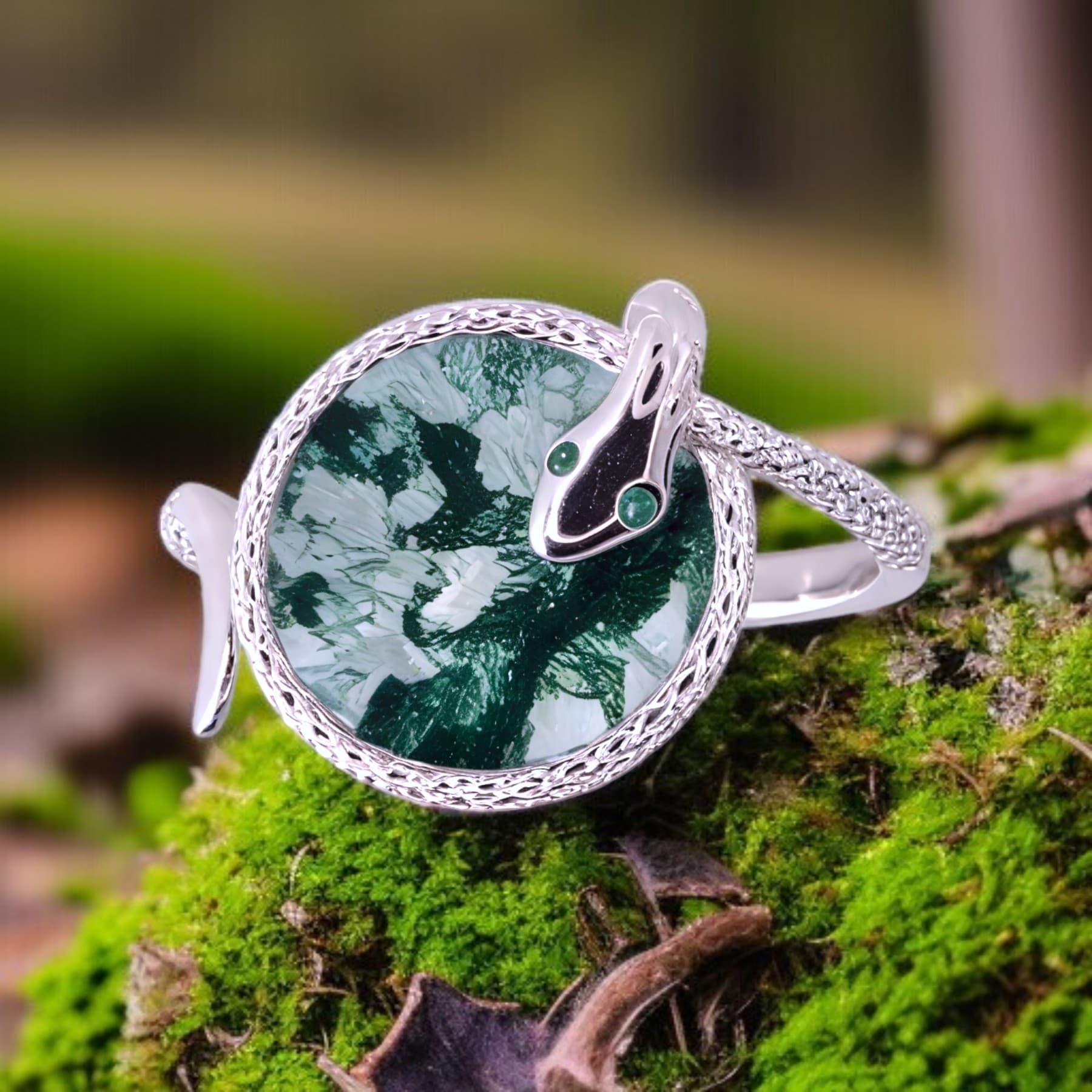 Srebrny pierścionek Wąż z naturalnym agatem mchowym - regulowany, ręcznie wykonany