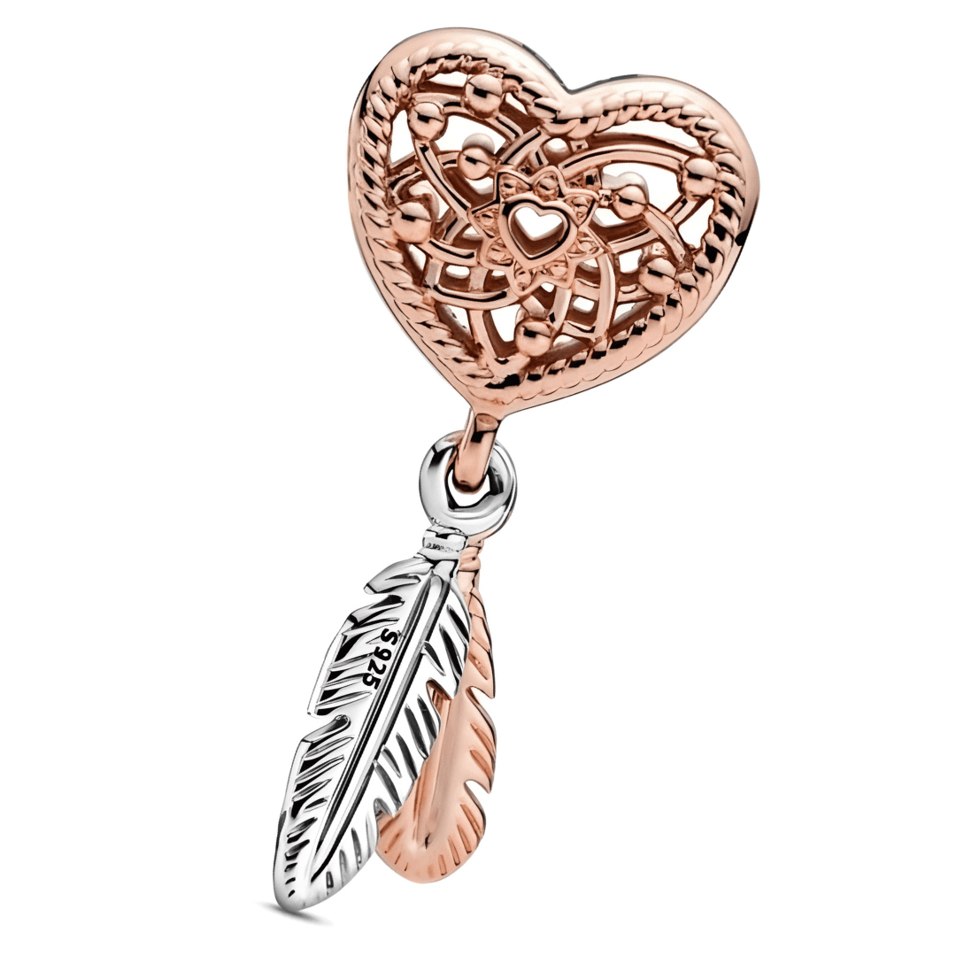 Charms Srebro 925  Serce i pióra w różowe złoto