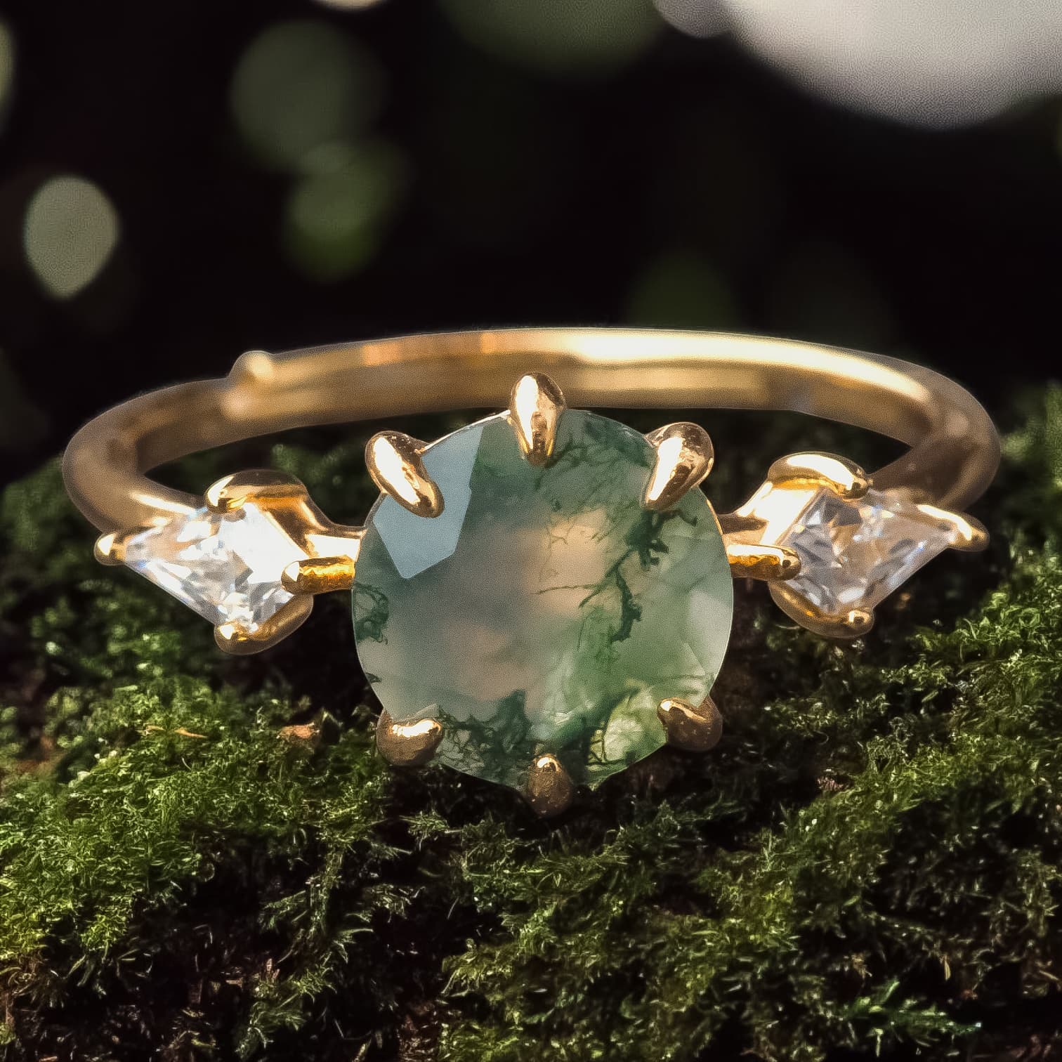 Pierścionek złoty AGAT MCHOWY srebro 925 zielony regulowany natura