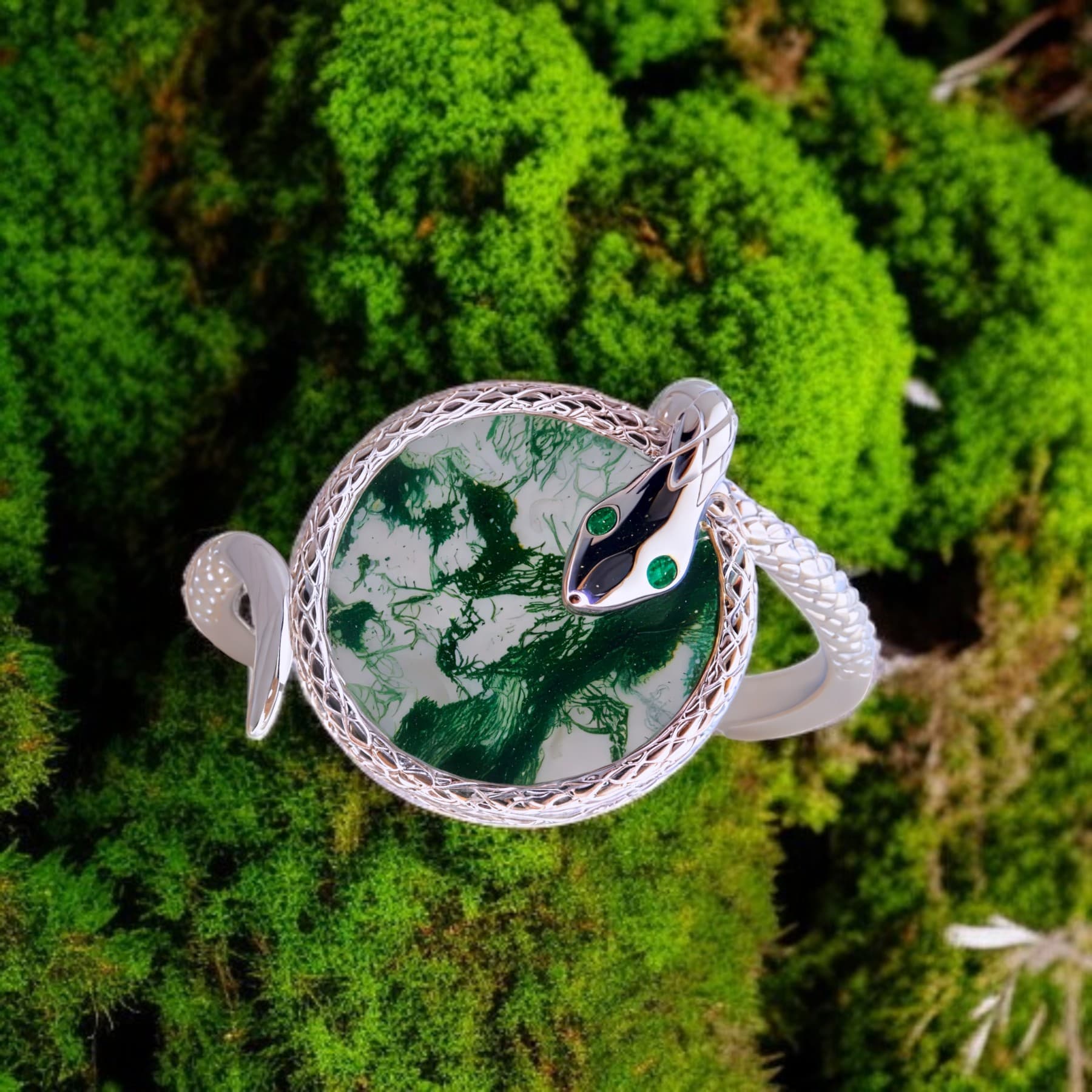 Srebrny pierścionek Wąż z naturalnym agatem mchowym - regulowany, ręcznie wykonany