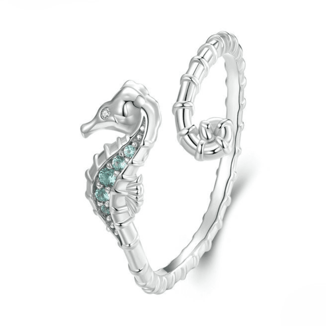 Pierścionek Konik Morski Wakacyjna biżuteria srebro 925 białe złoto