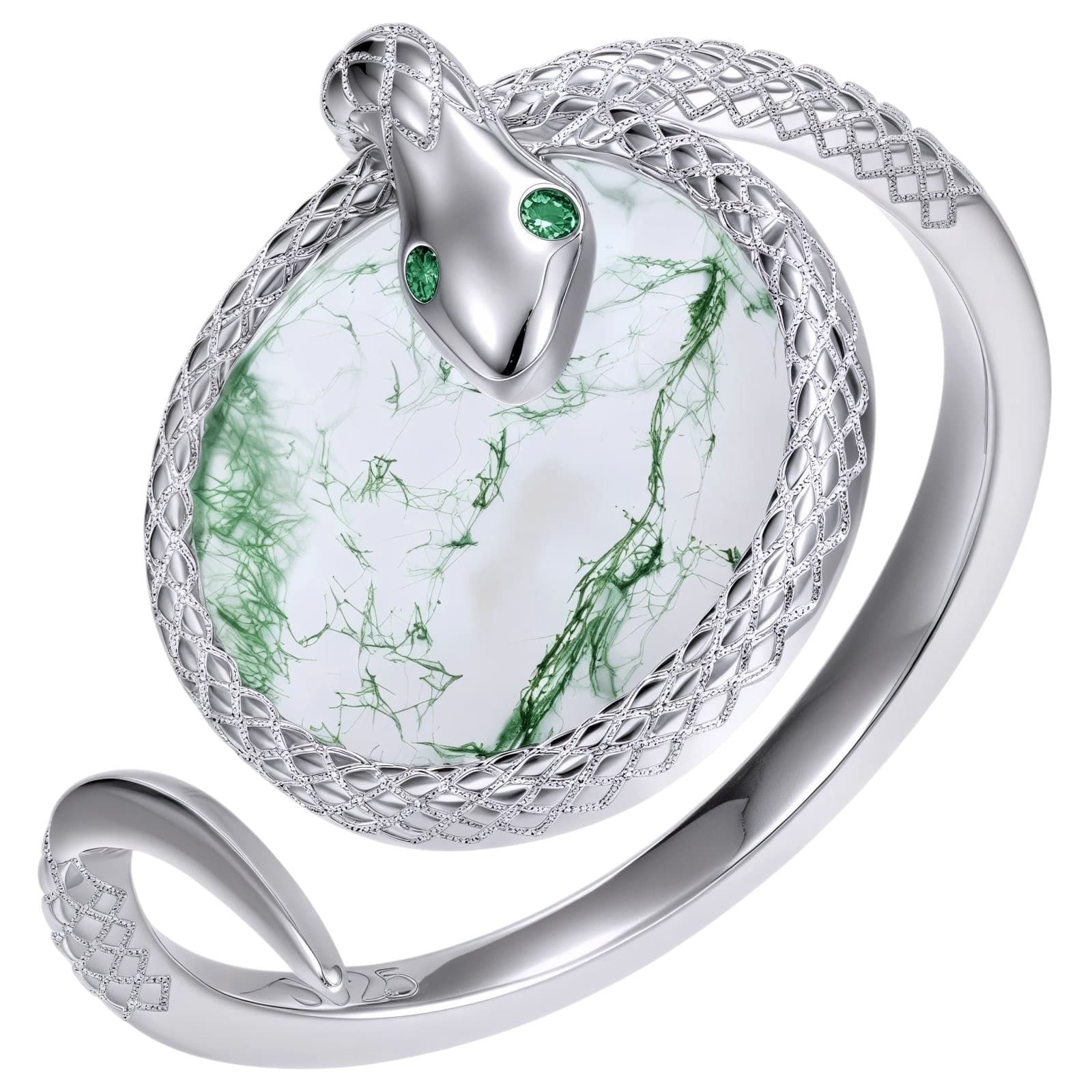 Srebrny pierścionek Wąż z naturalnym agatem mchowym - regulowany, ręcznie wykonany