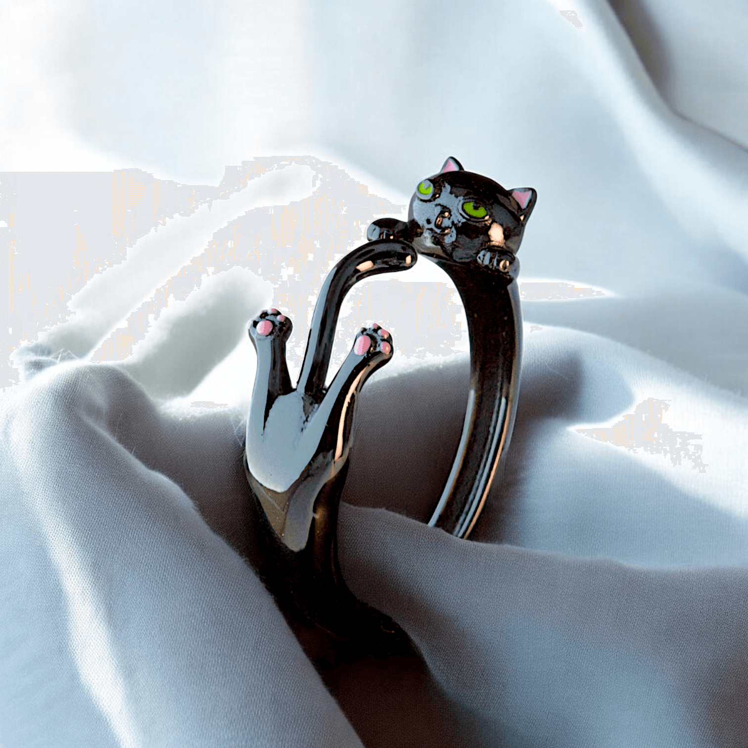 Pierścionek CZARNY BIAŁY KOT Srebro 925 powlekane czarnym złotem platynowane
