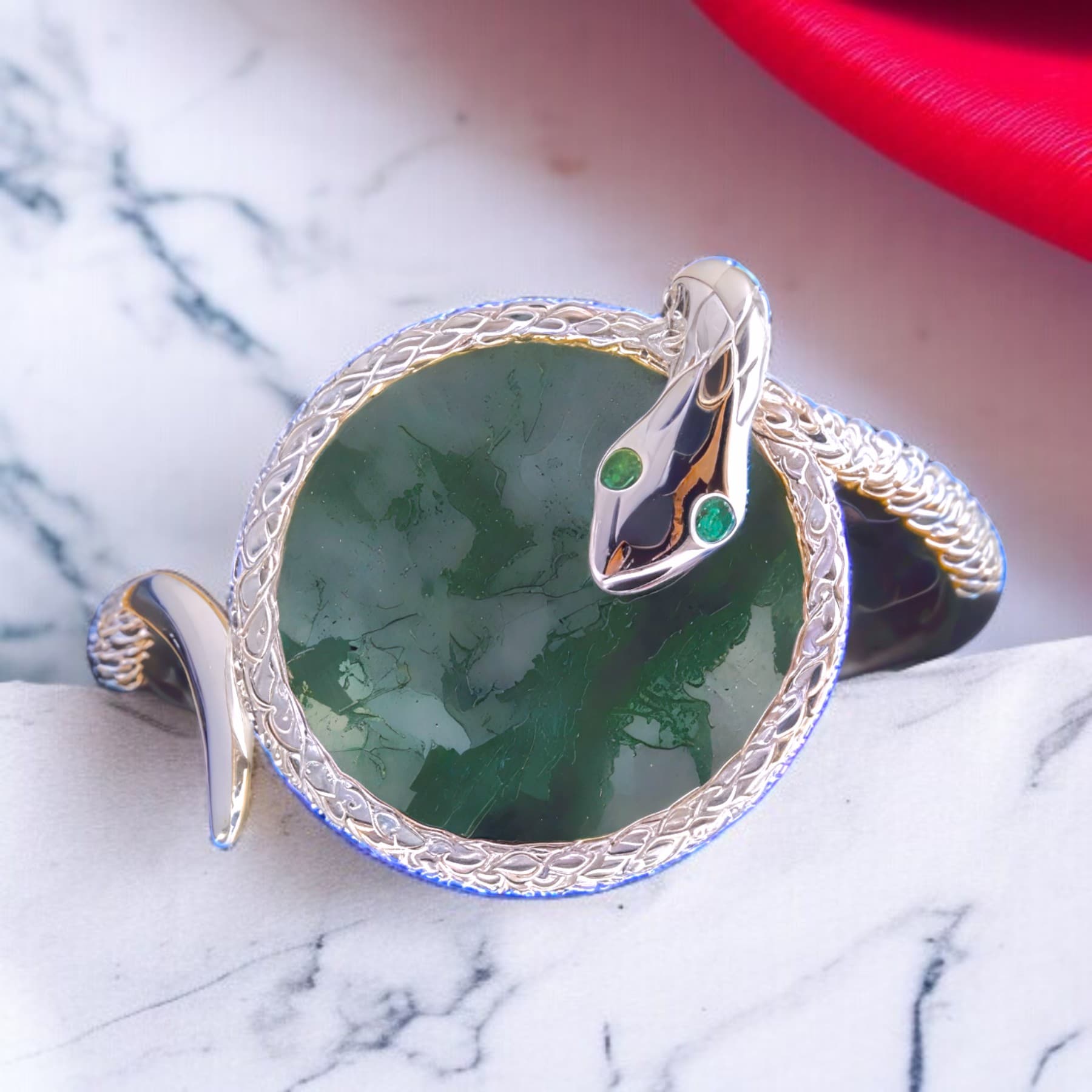 Srebrny pierścionek Wąż z naturalnym agatem mchowym - regulowany, ręcznie wykonany