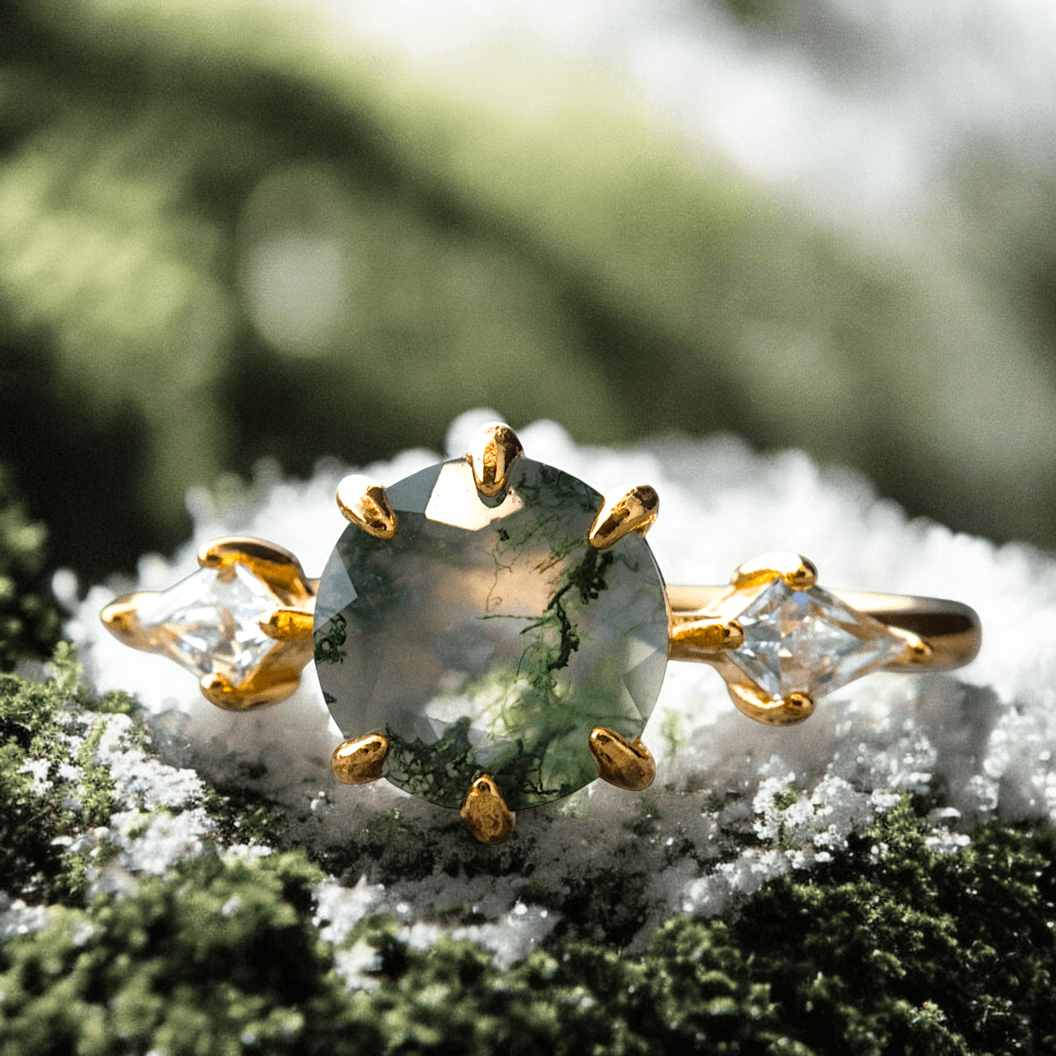 Pierścionek złoty AGAT MCHOWY srebro 925 zielony regulowany natura