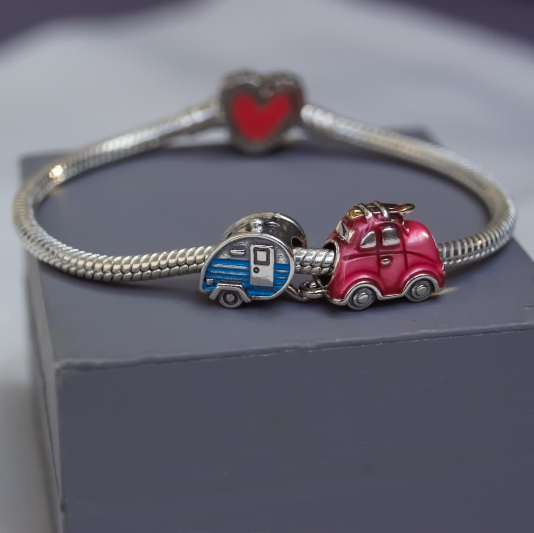 Podwójny Charms Wakacyjny samochód i przyczepa kempingowa Srebro 925