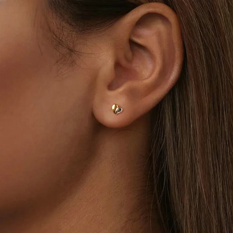 Kolczyki ZŁOTE SERCA srebro 925 małe dwukolorowe białe i żółte złoto