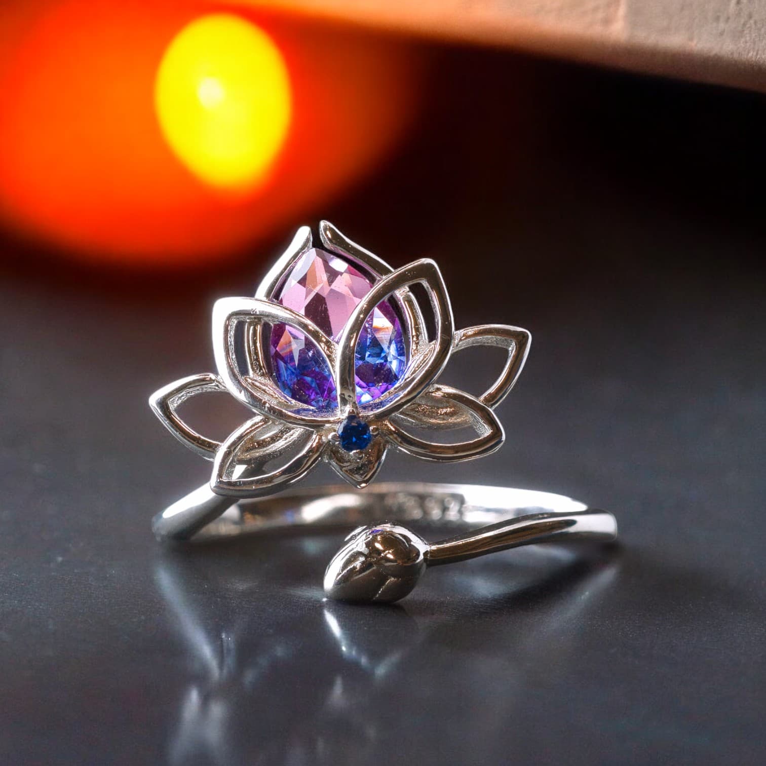 Pierścionek KWIAT LOTOSU srebro 925 platyna turmalin