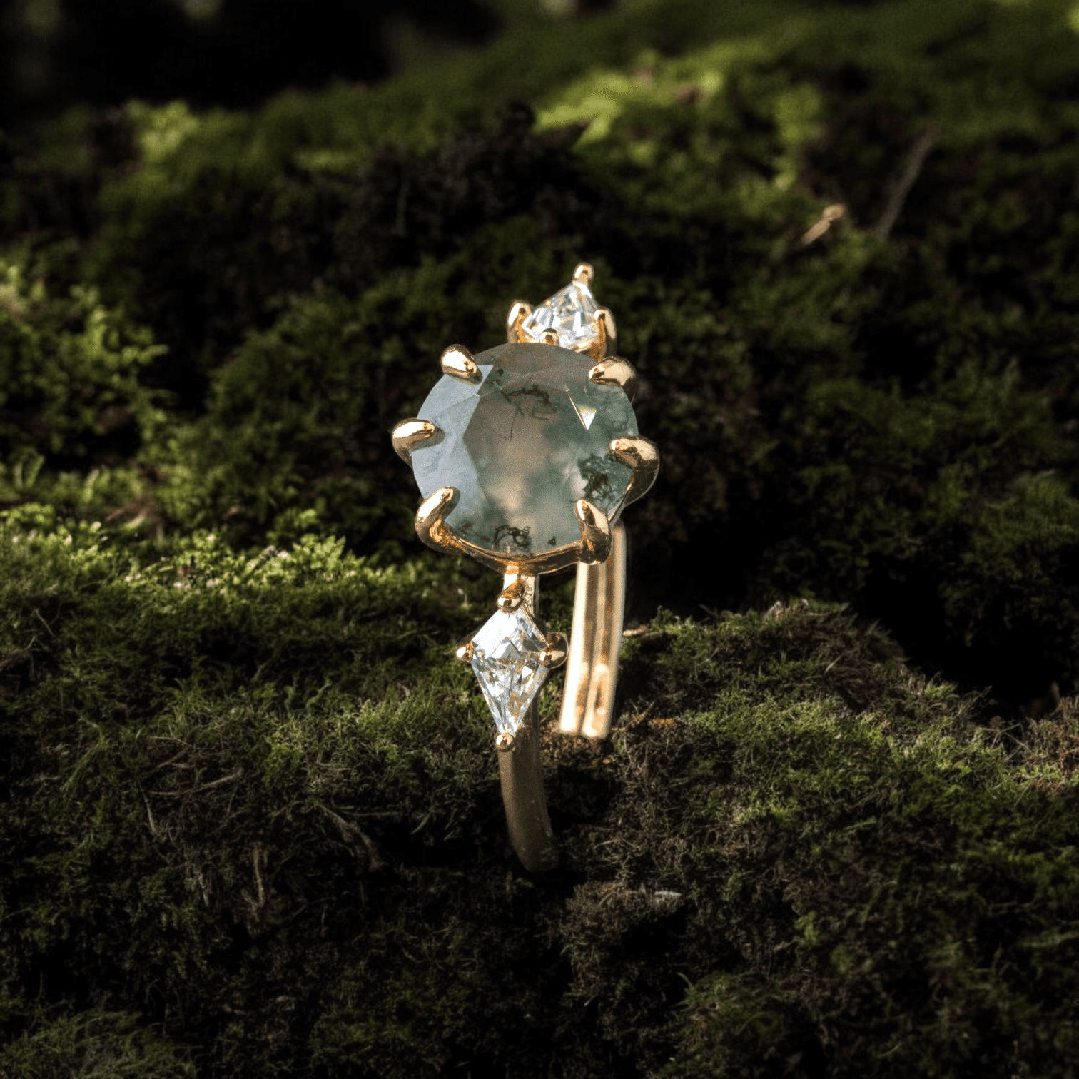 Pierścionek złoty AGAT MCHOWY srebro 925 zielony regulowany natura