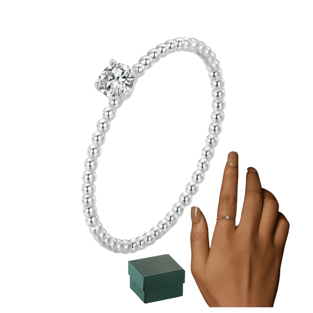 Delikatny koralikowy pierścionek z Moissanit srebro 925 białe złoto