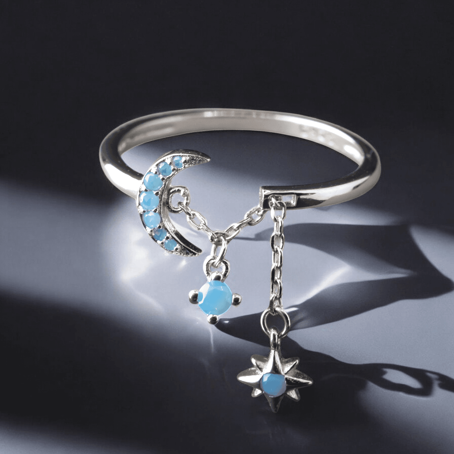 Pierścionek GWIAZDY Z KSIĘŻYCEM OPAL srebro 925 białe złoto