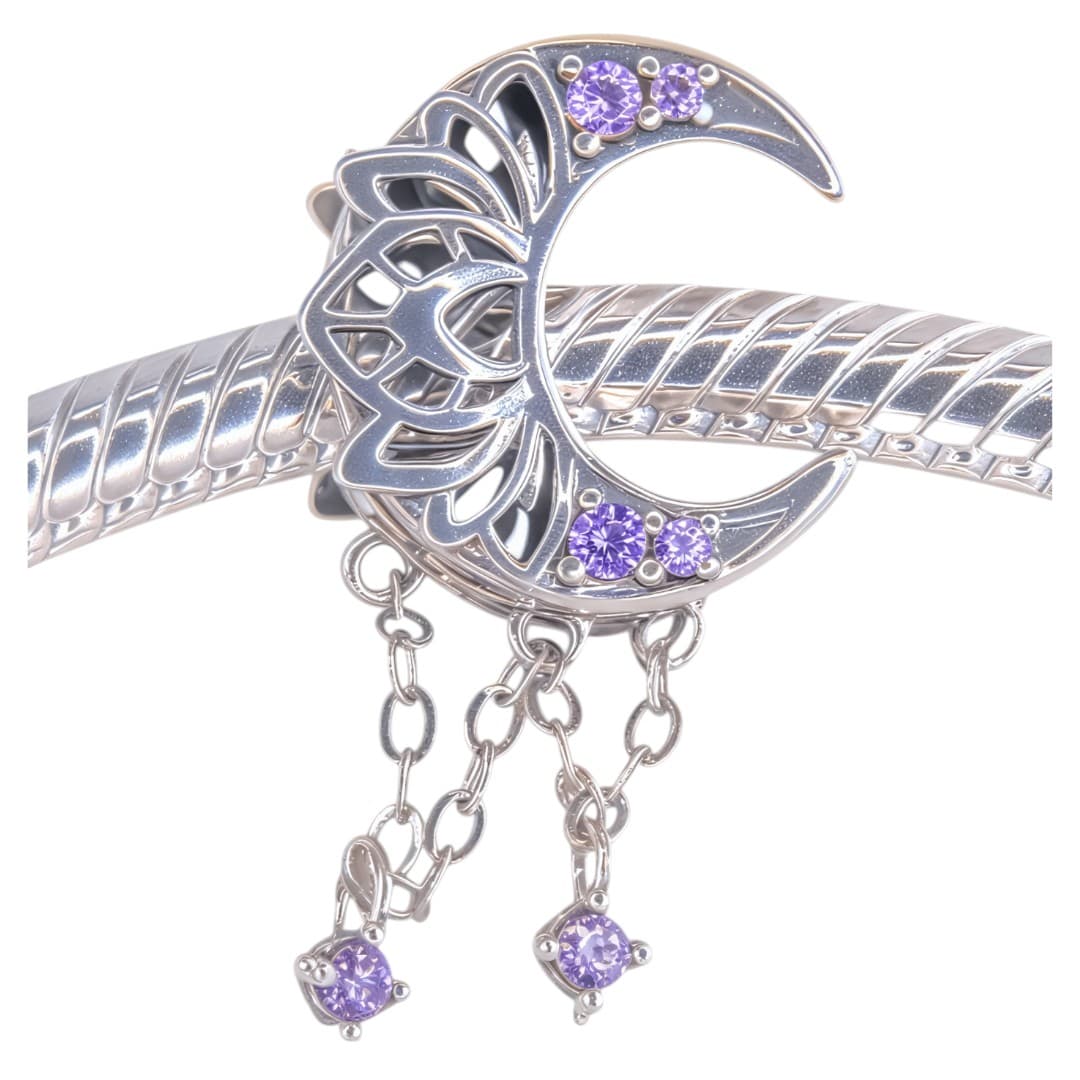 Charms "Mistyczny Księżyc" ze Srebra 925 z Fioletowymi Cyrkoniami