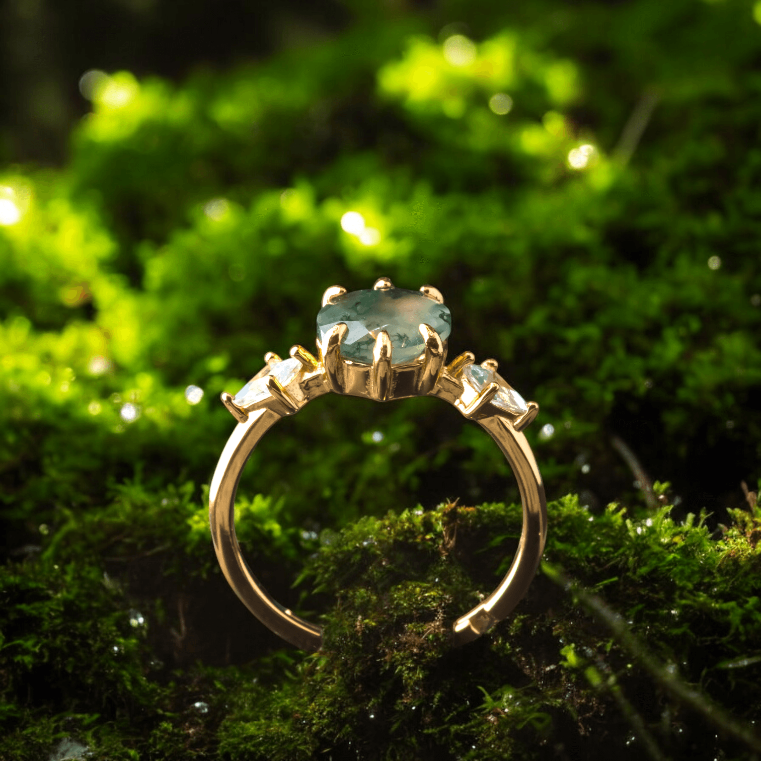 Pierścionek złoty AGAT MCHOWY srebro 925 zielony regulowany natura