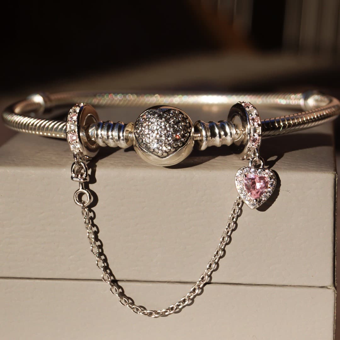 Łańcuszek zabezpieczający do bransoletki Pandora SERCE srebro 925 platyna