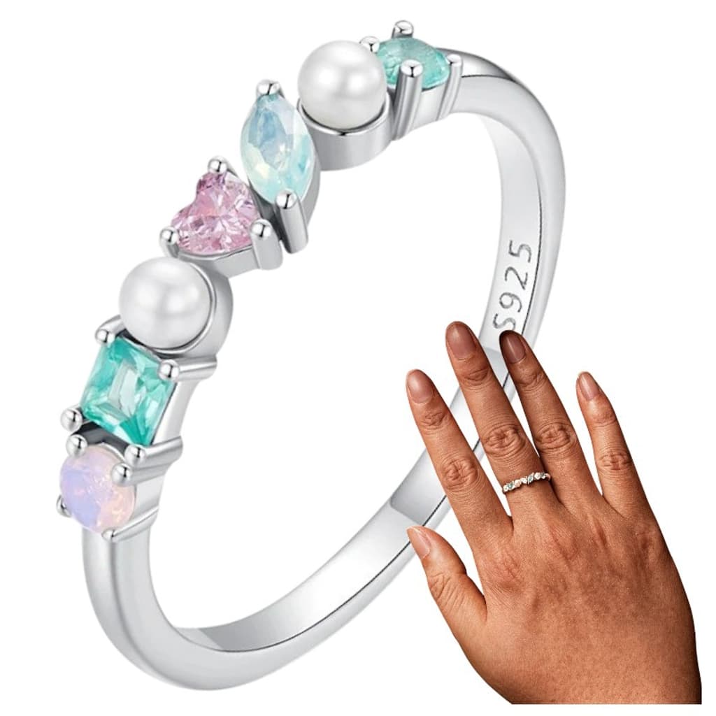 Pierścionek z kolorowymi kamieniami perłą opalem białe złoto srebro