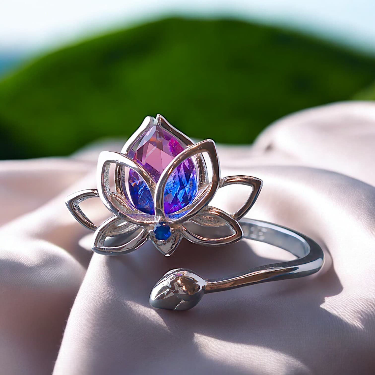 Pierścionek KWIAT LOTOSU srebro 925 platyna turmalin