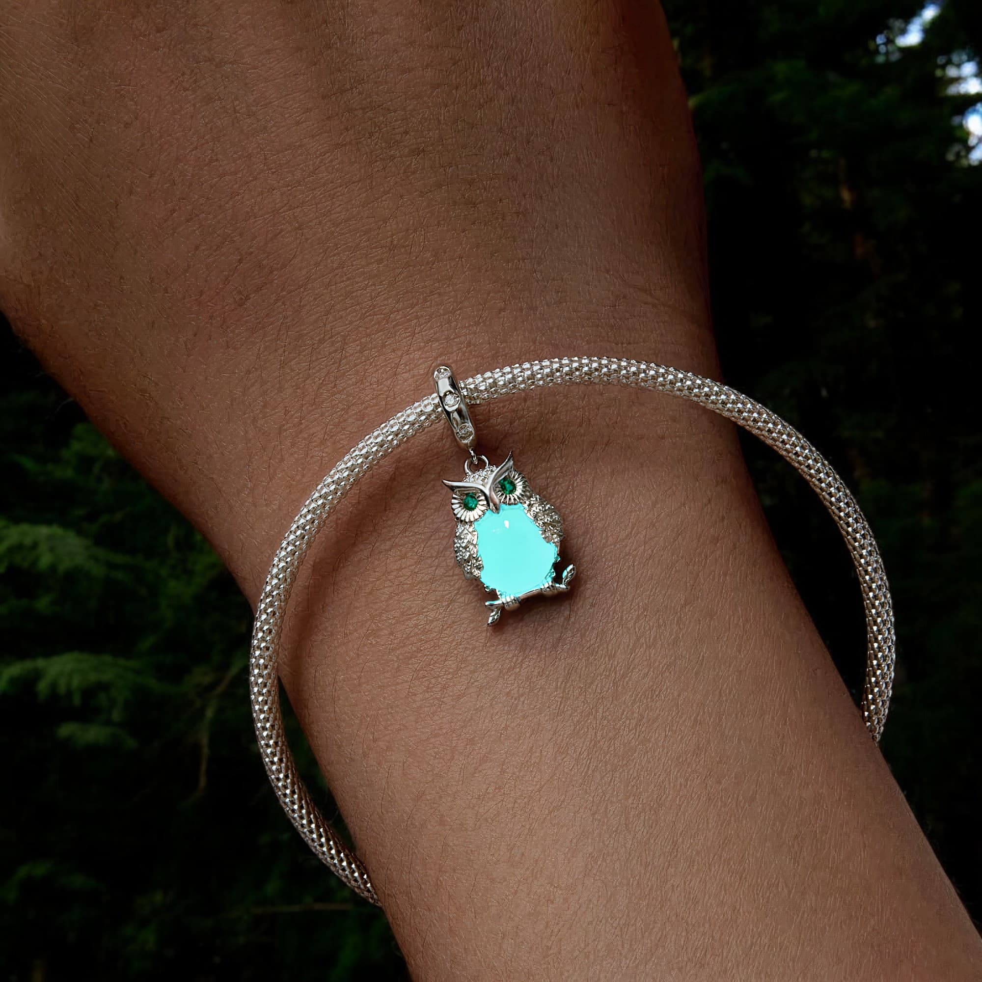 Charms zawieszka Świecąca Sowa srebro 925 luminescencyjna platyna