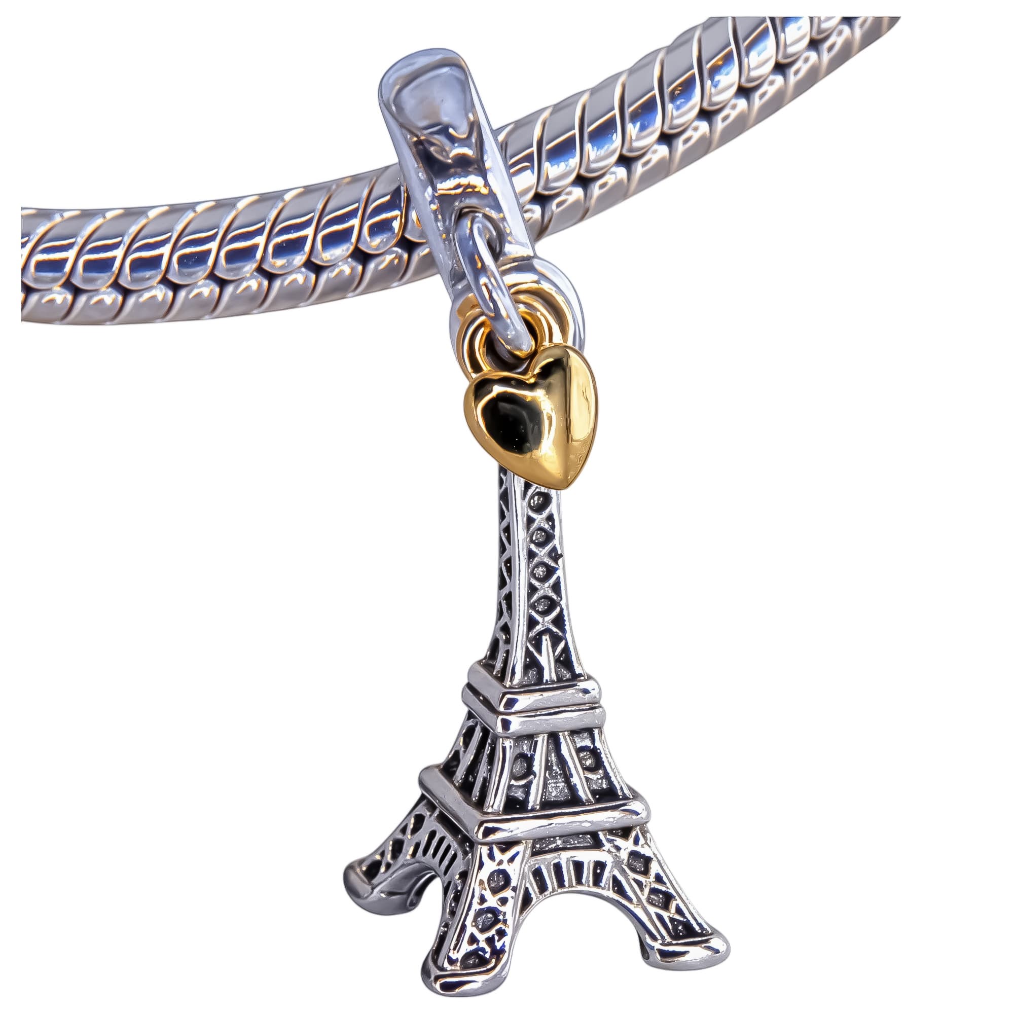 "Srebrny charms Wieża Eiffla ze złotym sercem - zawieszka Paryż 925 do bransoletki